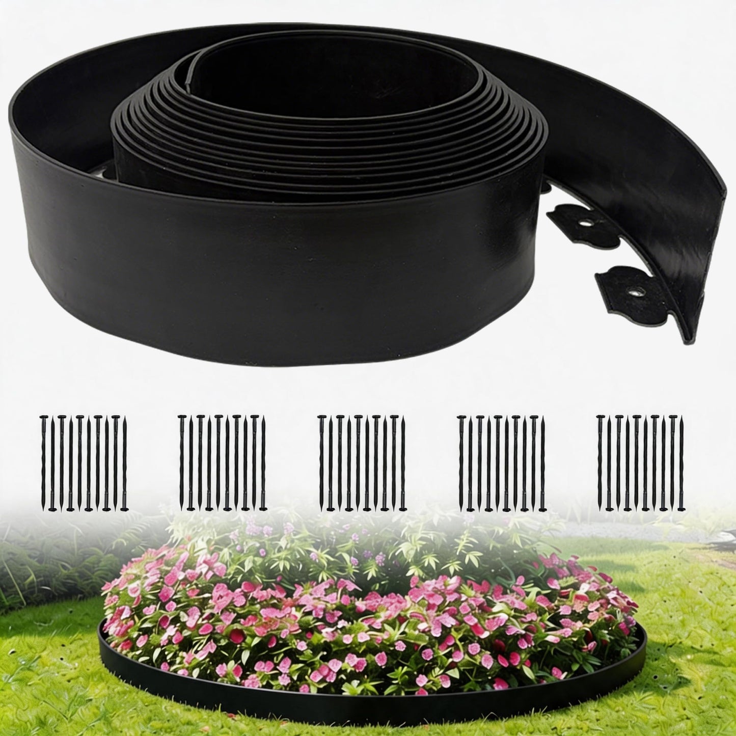 33FT Landscape Edging, 4 Inch Garden Edging Border with 50 Spikes, Flexible Lawn Edging for Landscape, Garden, Flower Beds, Lawn, Yard, Pathway, Paver Edge-Black