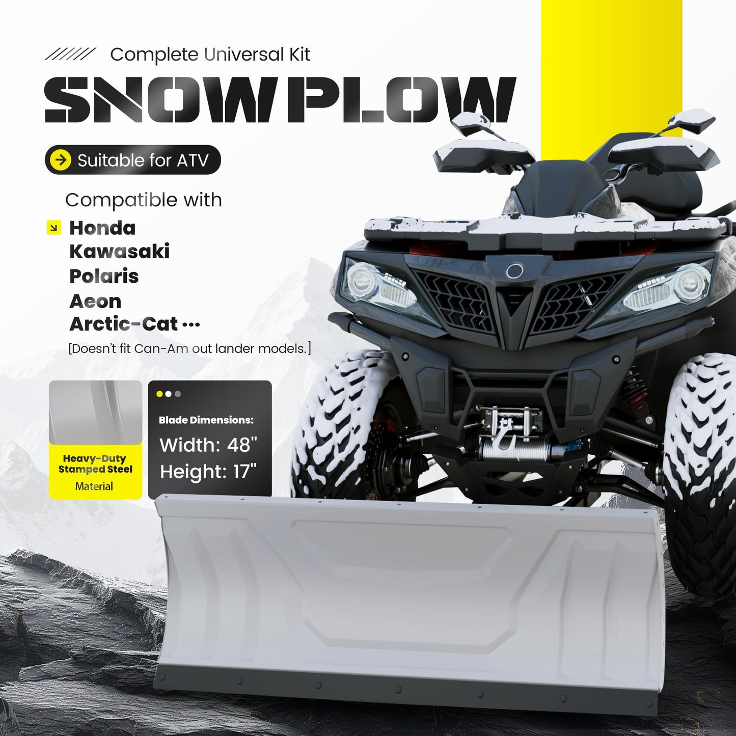 ECOTRIC ATV Snow Plow Blade Adjustable 48" Complete Universal Kit Compatible with Honda Kawasaki Polaris (You Will Receive 2 Packages)