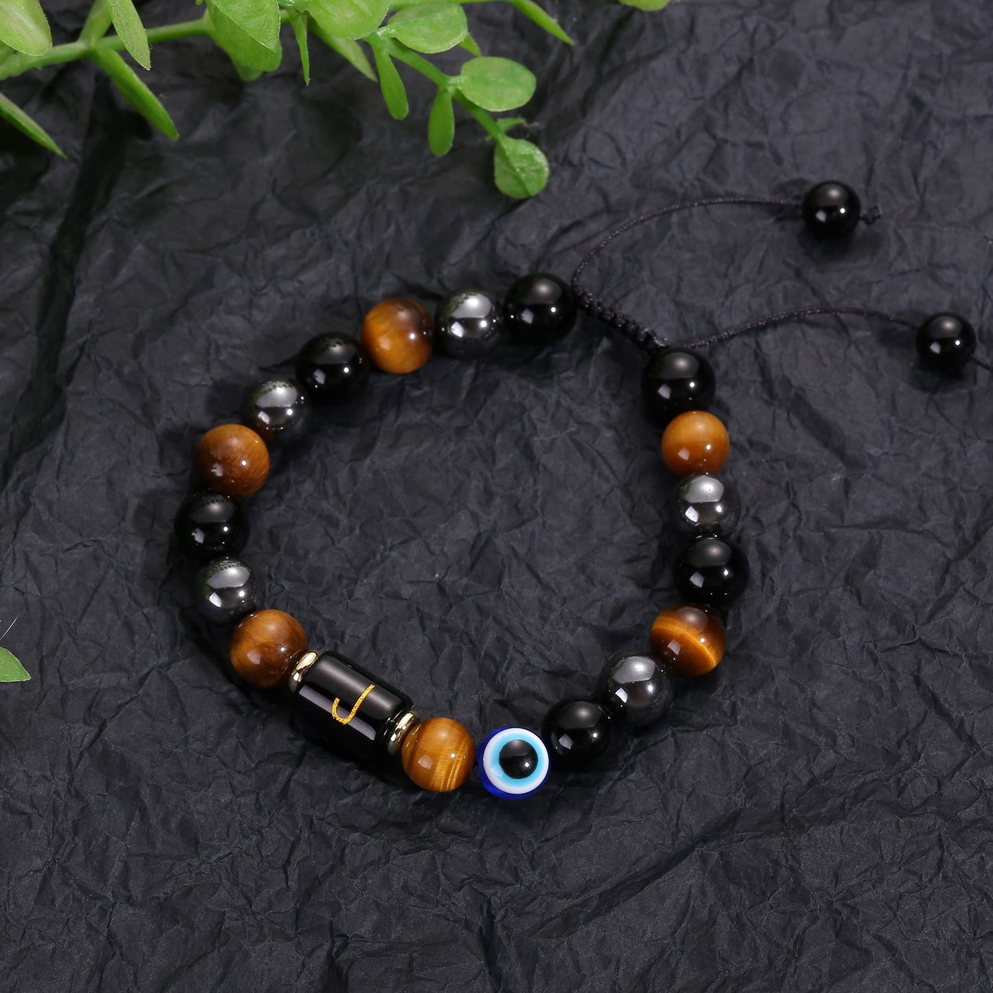 Initial Triple Protection Bracelet for Men,Black Evil Eye Tiger Eye Hematite Obsidian Good Luck Healing Crystal Stones Mens Bead Bracelet Jewelry Gift (J initial bracelet, Triple Protection)