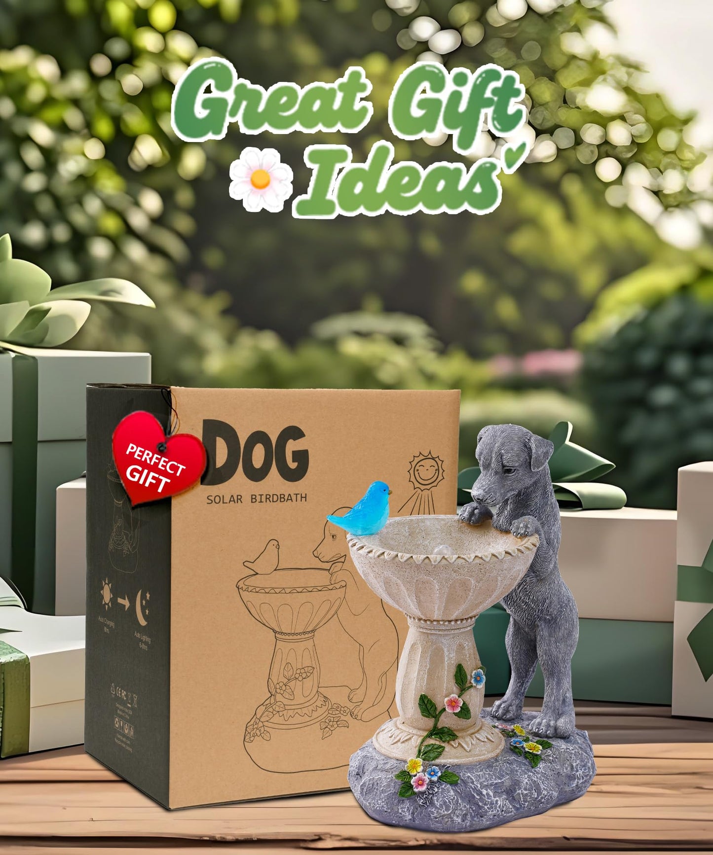 Nacome Solar Dog Garden Statues: Weatherproof Resin Decor with Automatic Lighting - Outdoor Yard Lawn Patio Balcony Art - Gifts for Mom Grandma Women Bird Lovers