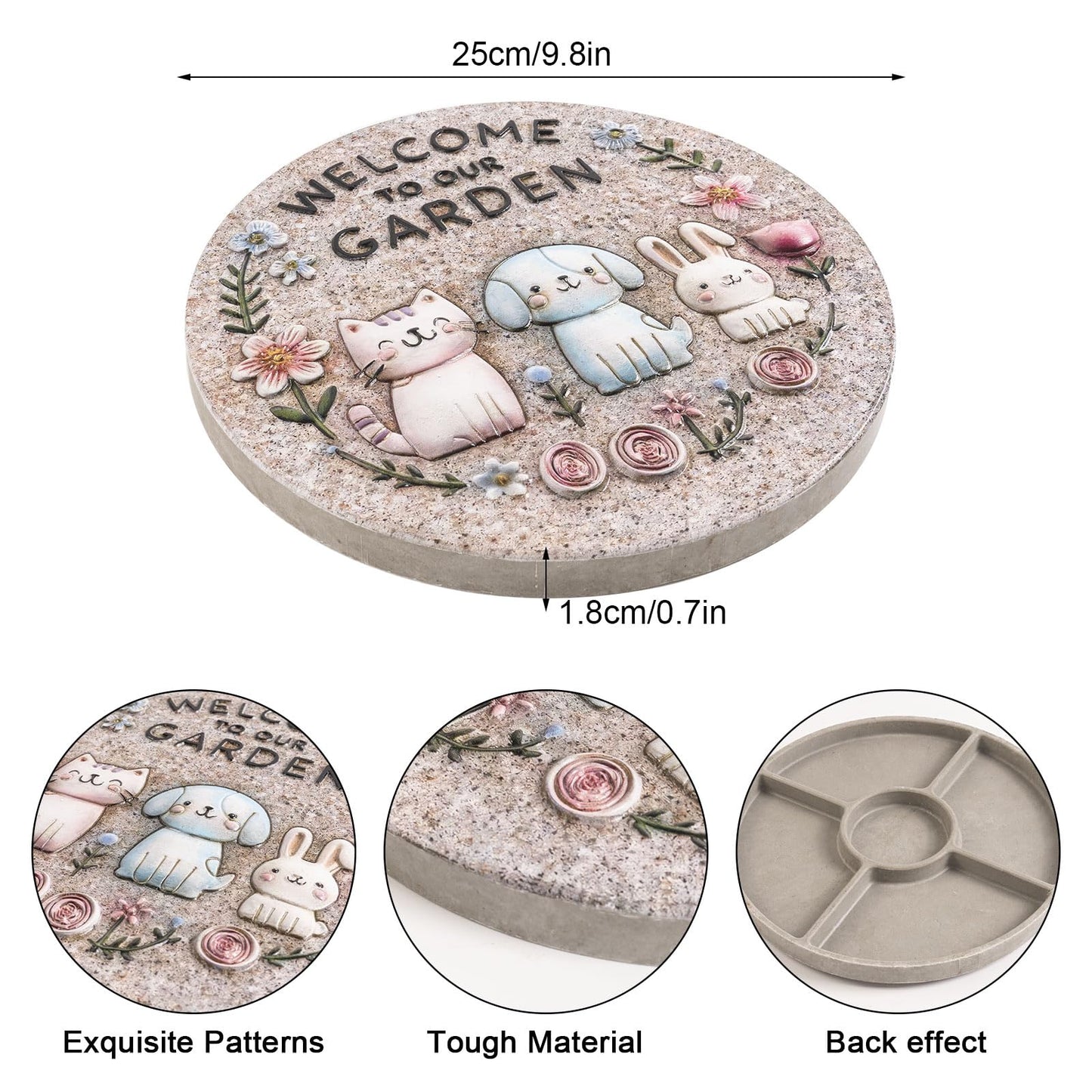 Bechivie Garden Stepping Stones Outdoor, 9.8" Resin Pet Cat Dog Bunny Stepping Stone for Walkway Gardening Gifts, Spring Decorative Round Welcome to Our Garden Home Decor for Outside Yard Patio Lawn