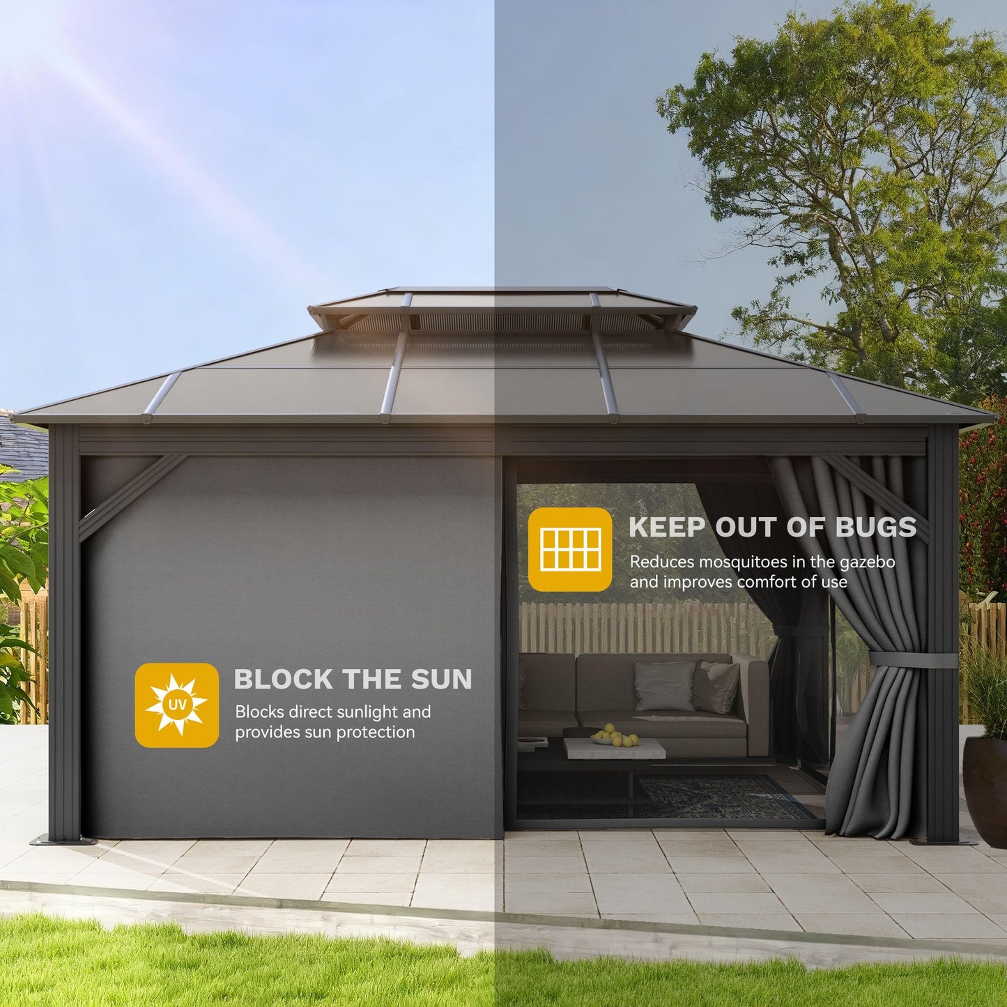 DWVO 10x12ft Gazebo Hardtop Double Roof Polycarbonate Canopy Outdoor with Netting and Shaded Curtains, Aluminum Frame Garden Tent for Patio, Backyard, Deck and Lawns, Gray