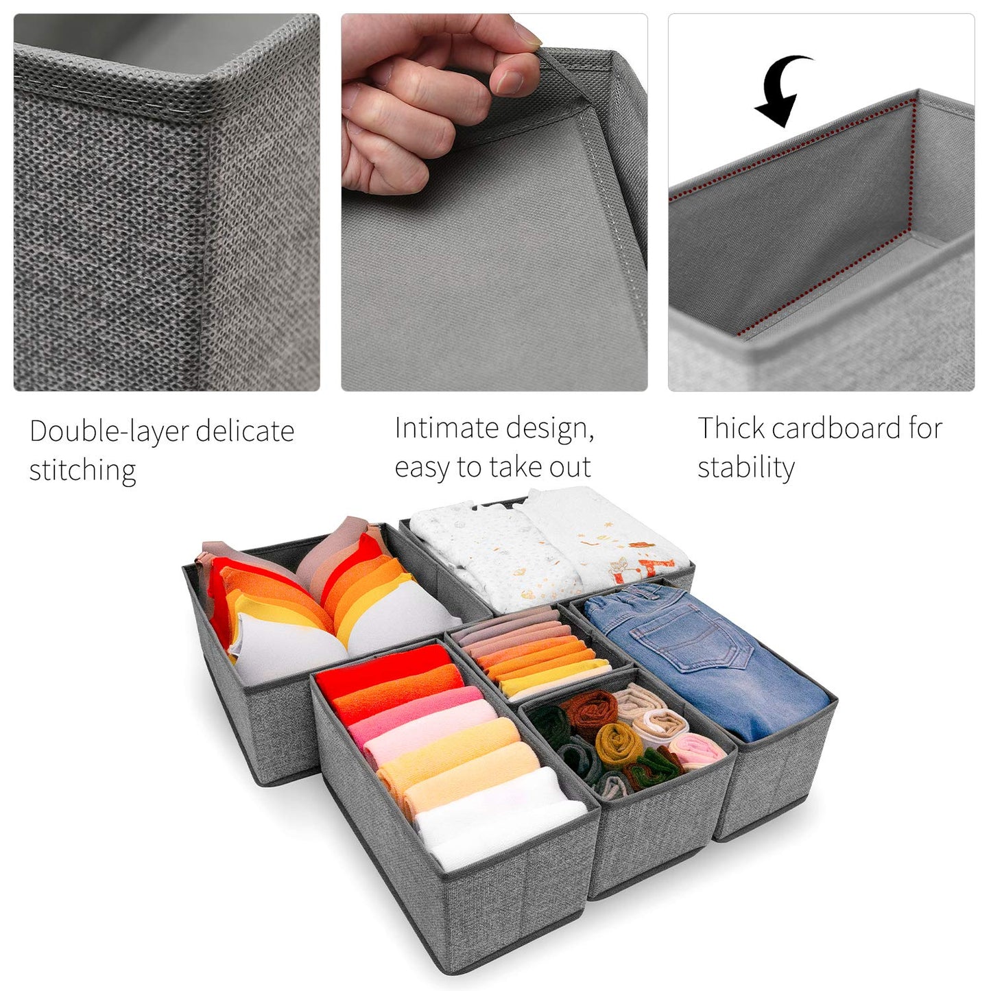 Criusia Foldable Underwear Drawer Organizer, Closet Dividers, Storage Box for Clothes, Socks (6 Bins, Gray)