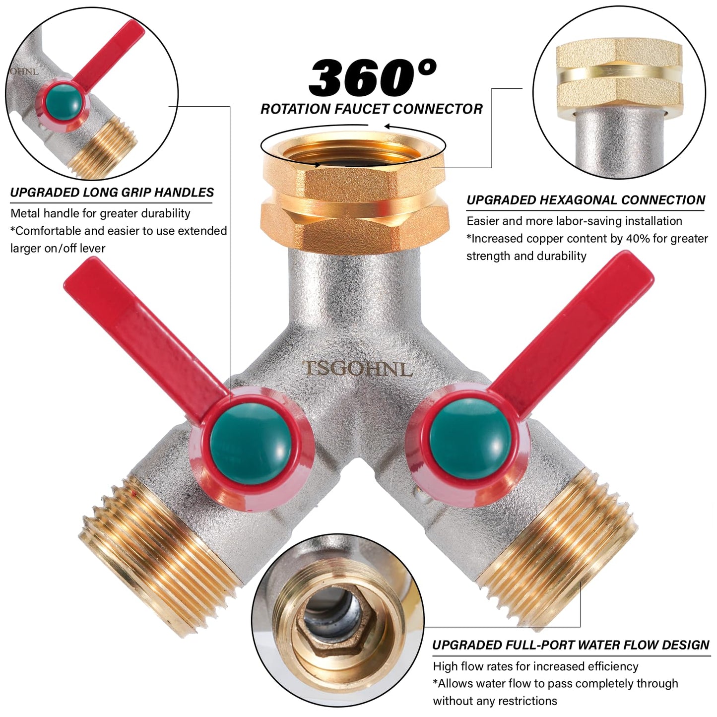 Hose Splitter 2 Way, Y-Valve Water Spigot Splitter, High Flow Faucet Splitter, 3/4" GHT Thickened Hexagonal Water Inlet with 2 Garden Hose Coiled Spring Protectors and 2 More Extension Handles