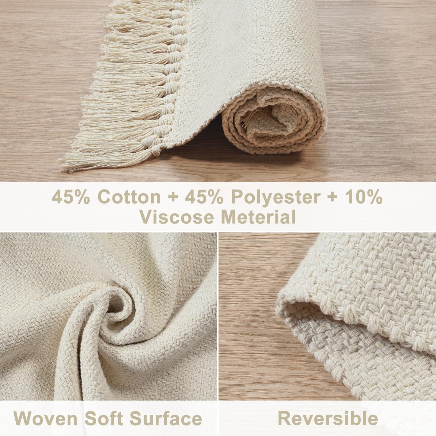 Collive Small Bathroom Rug, 2' x 3' Hand-Woven Low Profile Front Entryway Rug, White/Beige Cotton Reversible Washable Kitchen Mat Modern Farmhouse Carpet for Foyer Bedroom Back Door Decor