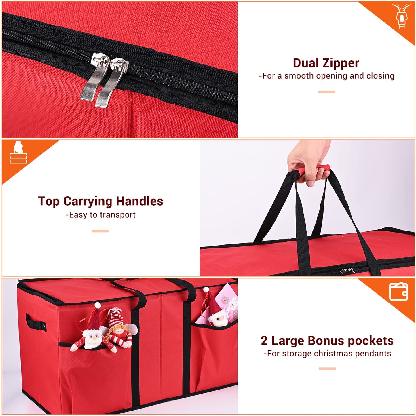 Mrrihand Christmas Ornament Storage Box, Xmas Decoration Organizer with Adjustable Dividers - Storage Container Keeps 128 Holiday Ornaments 3-Inch, Dual Zipper Closure, 600D Tear-Proof Material(Red)