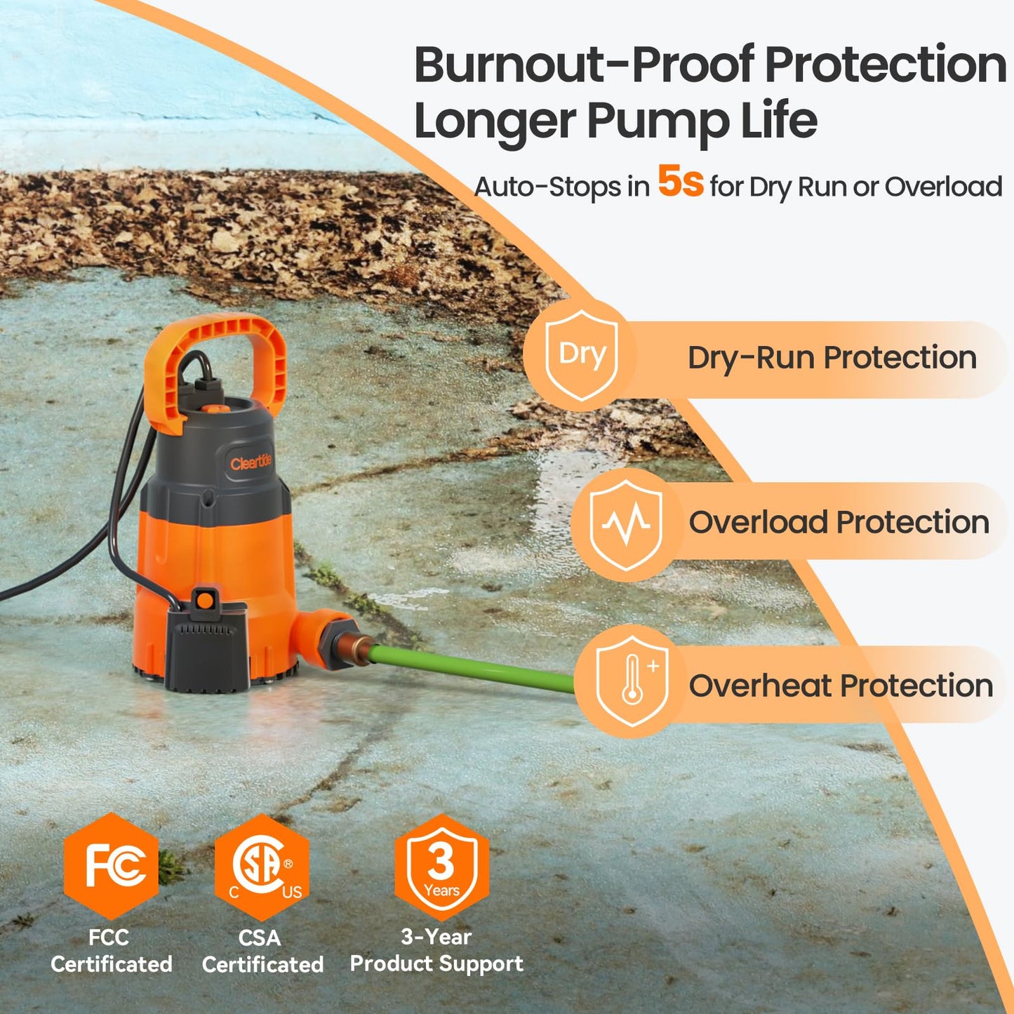 Cleartide 1/3 HP Submersible Utility Pump, 2790 GPH High Flow, Thermoplastic Portable Sump Pump with Auto Water Sensor, Ideal for Pool, Flooded Basement, Hot Tub, Pond & Garden Draining,10 FT Cord