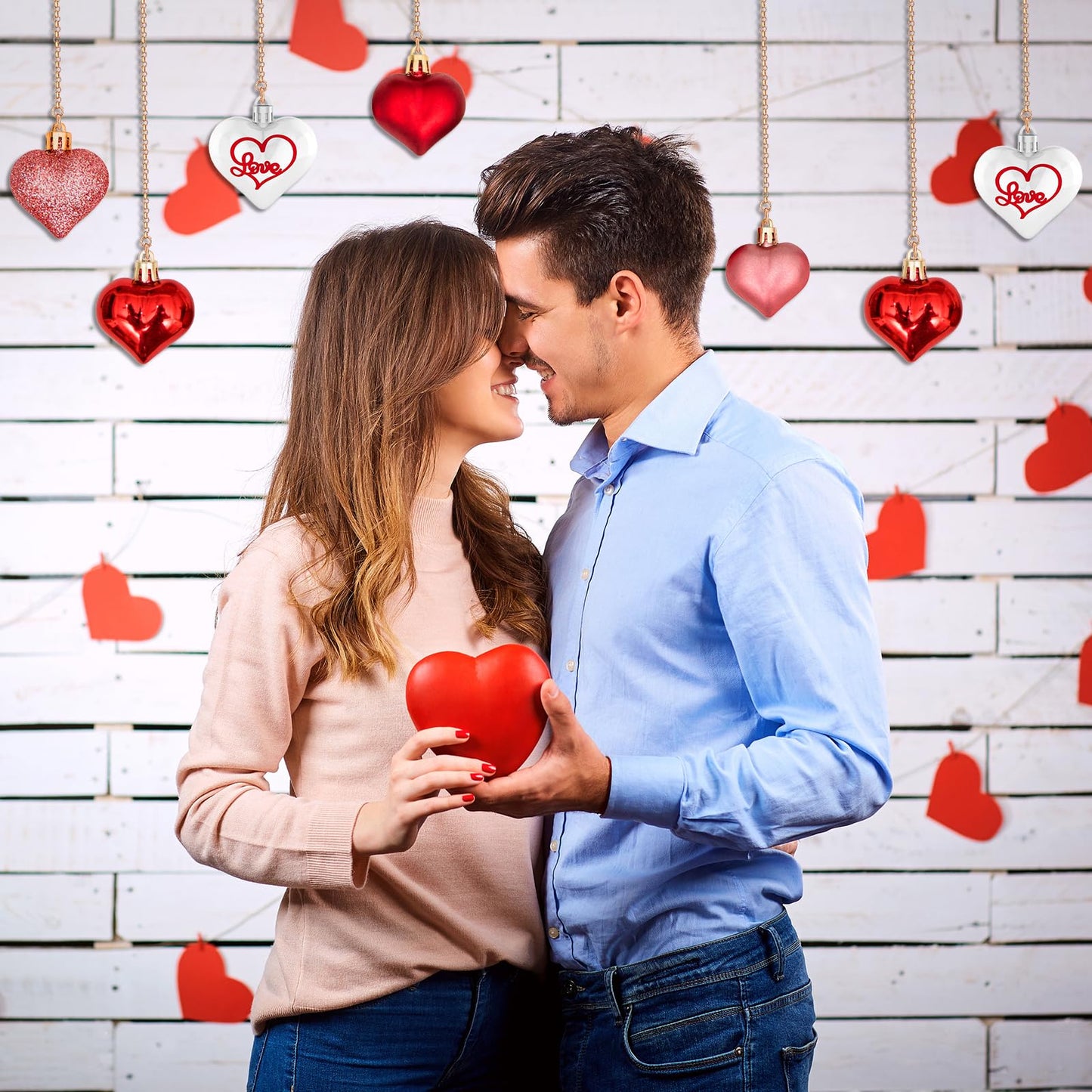 45Pcs Valentine's Day Heart Shaped Ornaments, Heart Shaped Baubles Red Pink Glitter White Silver Hanging Decorations for Valentine's Day Christmas Wedding Anniversary(9 Styles)