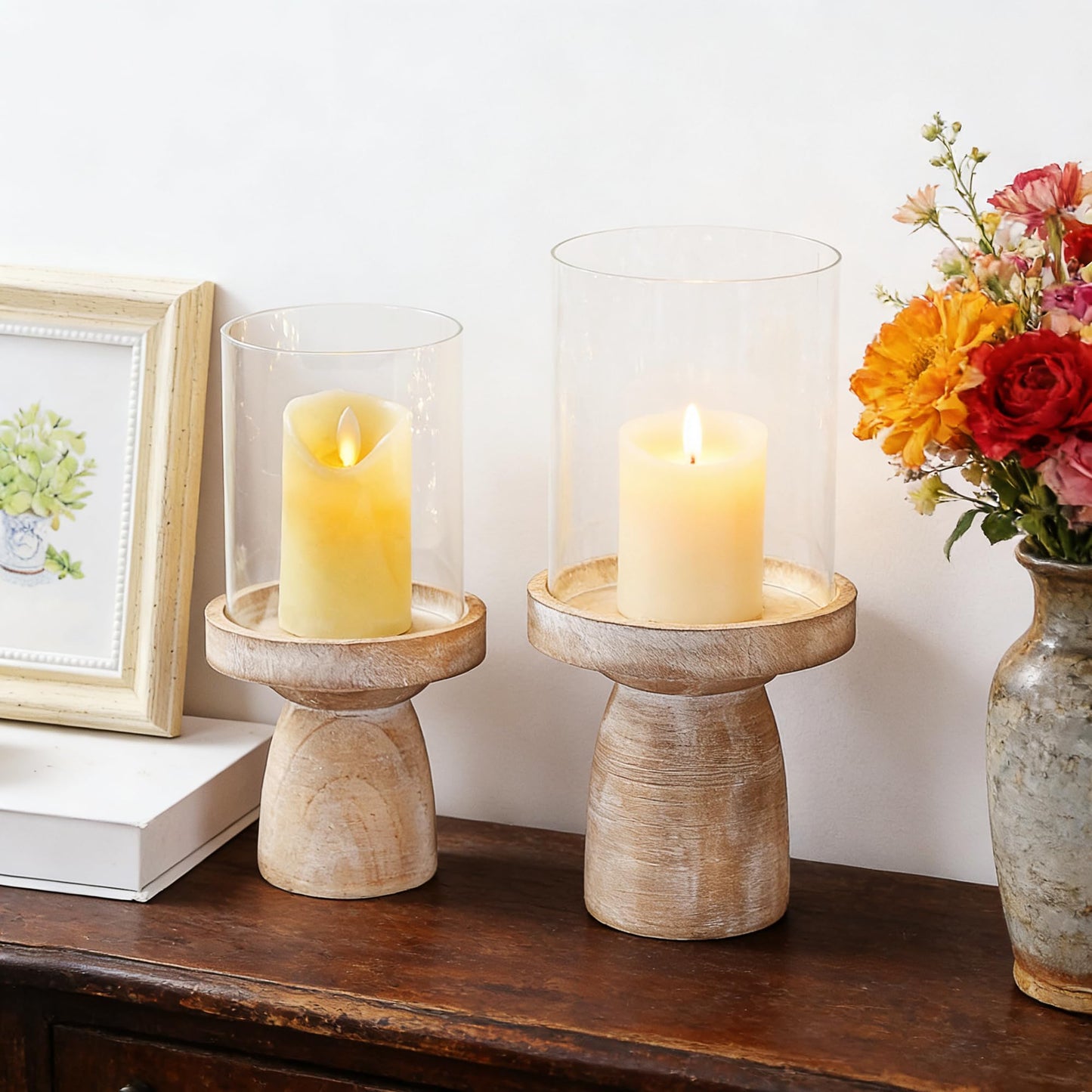 4" & 5" Glass Hurricane Candle Holders with Distressed Brown Solid Wooden Base in Set of 2, Decorative Centerpiece for Home, Coffee Table, Fireplace Mantel, Wedding, Modern Farmhouse Style