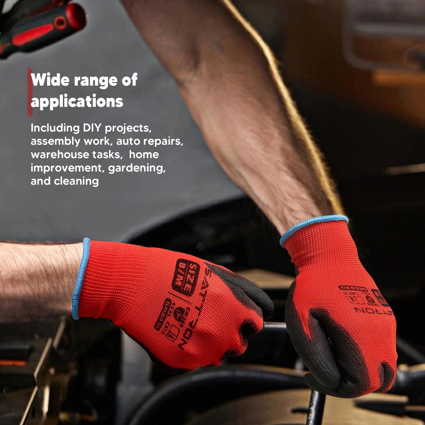 SATTRON Safety Work Gloves PU Coated, 12 Pairs Seamless Knit Gloves with Polyurethane Coating Working Gloves Excellent Grip for Men & Women, Breathable, Ideal for General Duty Work DIY (Red, Large)