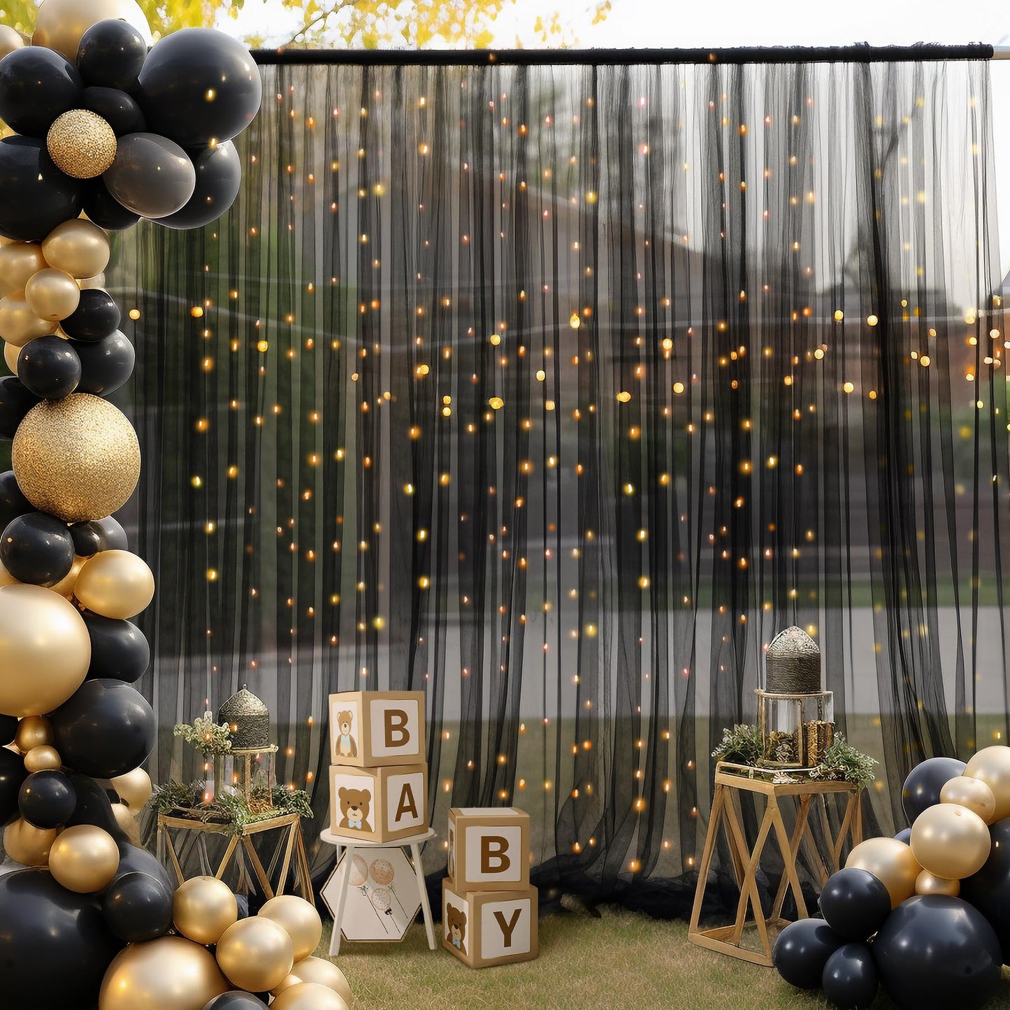 10×10ft Black Tulle Backdrop Curtain with Lights String for Parites, Sheer Photo Backdrop Curtains for Wedding Party Photography Background