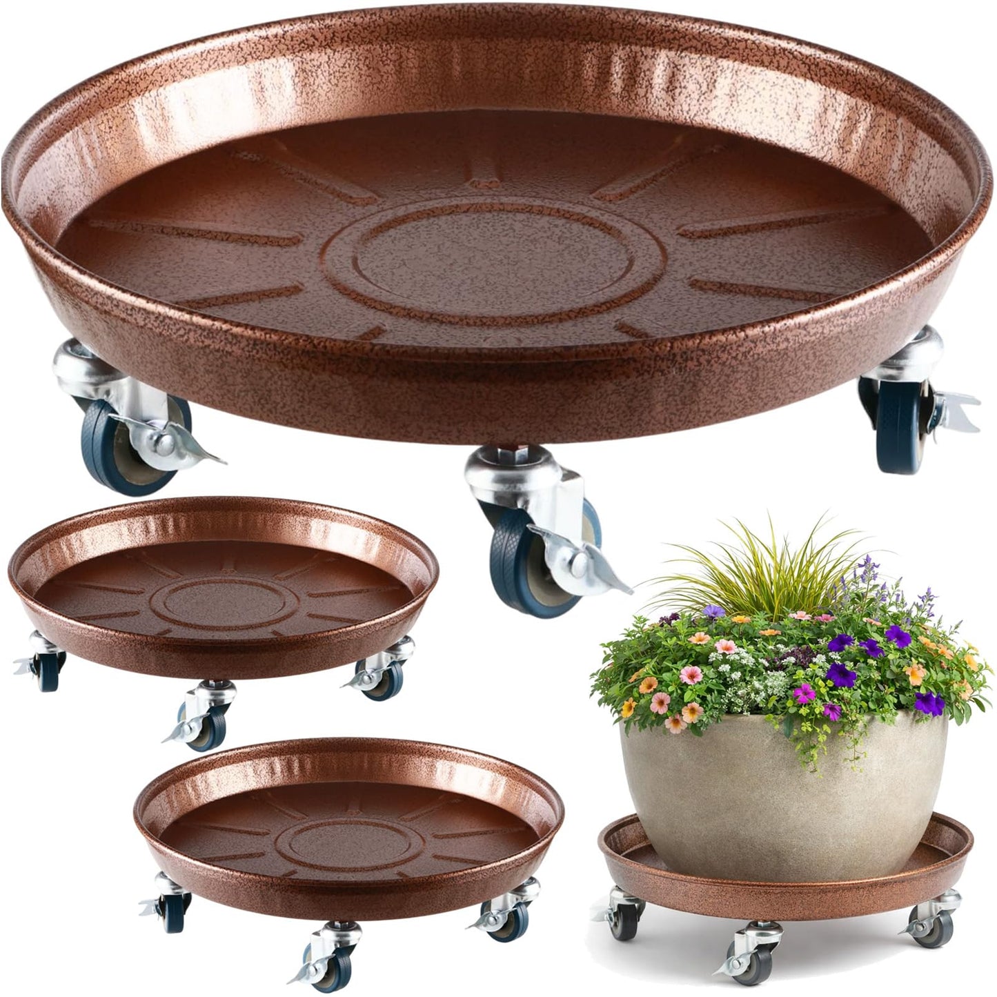 3 Packs Metal Plant Caddy with Wheels 13" Rolling Plant Stand Heavy Duty Plant Dolly with Casters for Indoor and Outdoor Large Planter Casters Potted Plant Mover,Copper
