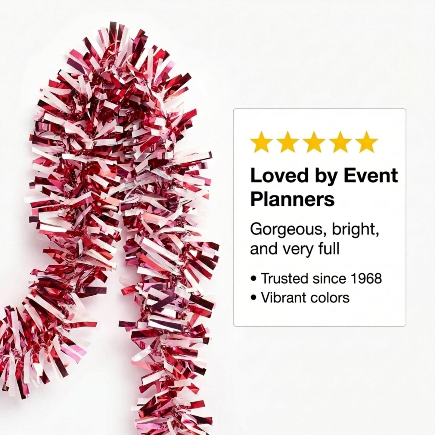 Anderson's Metallic Red, White & Pink Tinsel Twist Garland, 25ft Holiday Decoration, Christmas Tree Trim, Parade Float Decor, Party Supplies, Halloween, Graduation, Indoor/Outdoor Event Garland