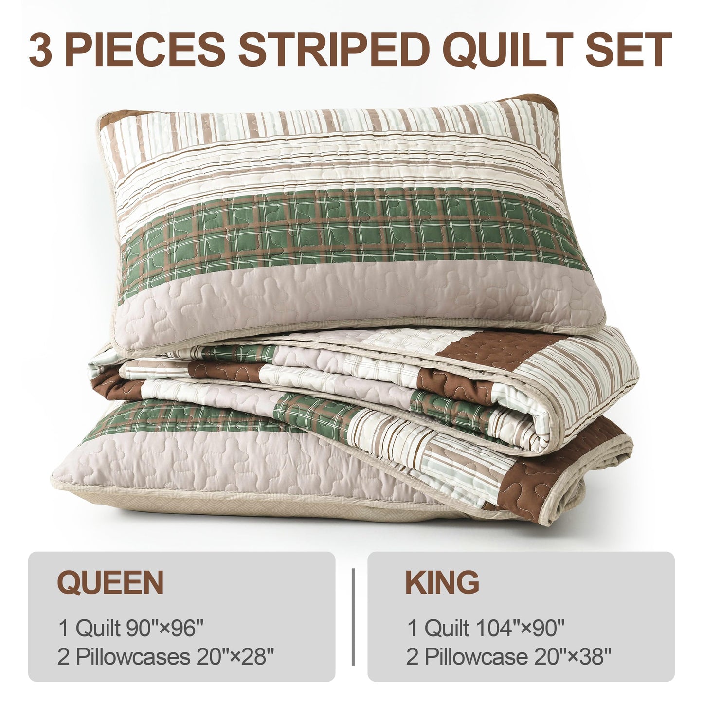 DJY Striped Quilt Set Queen Size, Boho Brown Green Striped Bedspread Coverlet Set Soft Microfiber Patchwork Quilt Bedding Set 3 Pieces for All Season(96"x90")