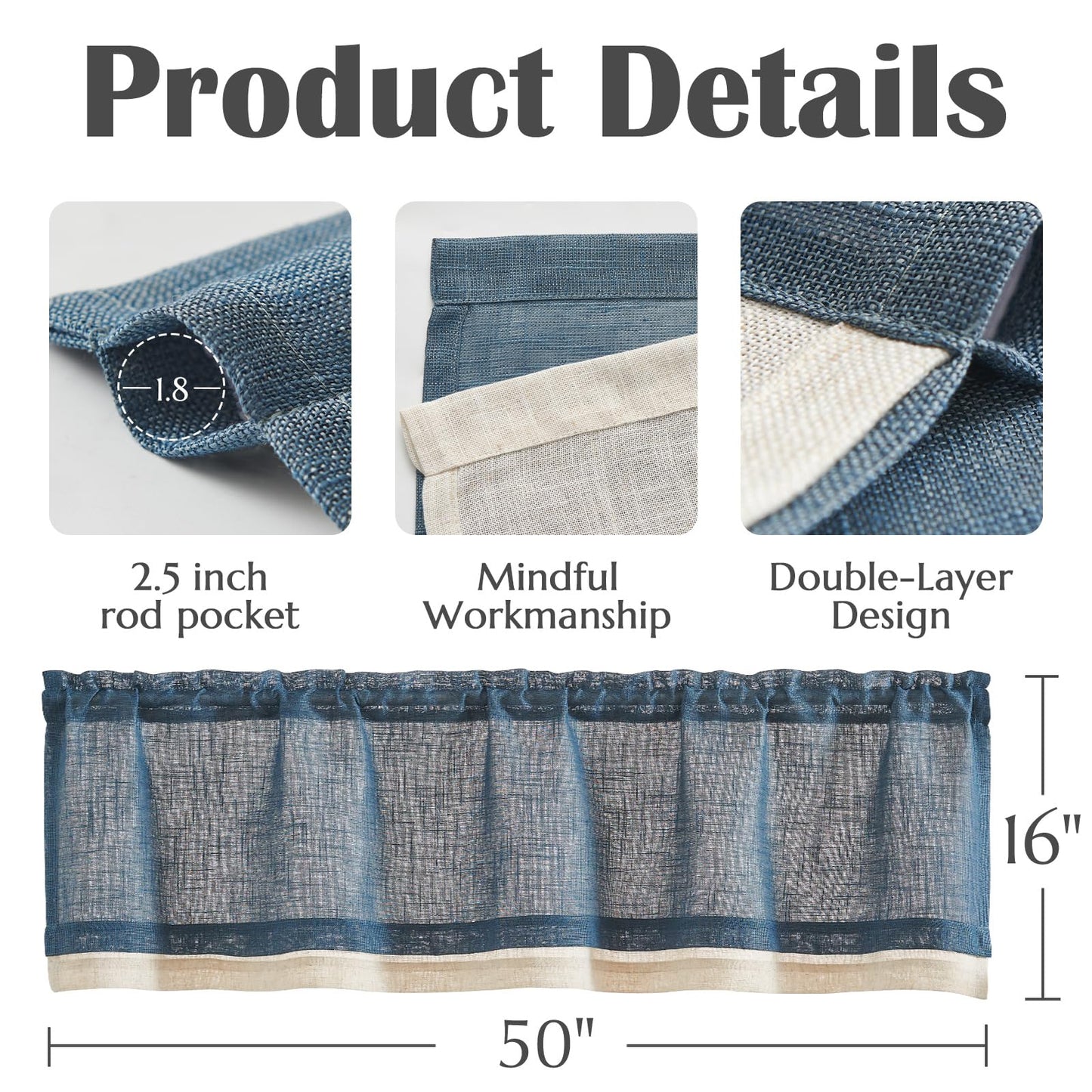 jinchan Linen Valance for Farmhouse Living Room Windows 16 Inch Slubbed Crossed Double Layer Window Valance Light Filtering Rustic Country Overlay Rod Pocket 1 Panel Navy Blue