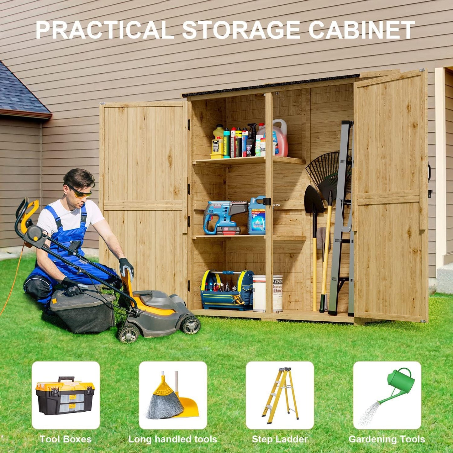 Gizoon Outdoor Storage Cabinet with Waterproof Roof, Double Lockable Doors Garden Shed with 2 Removable Shelves, Wooden Storage Shed with Large Storage Space for Patio, Garden, Backyard, Lawn
