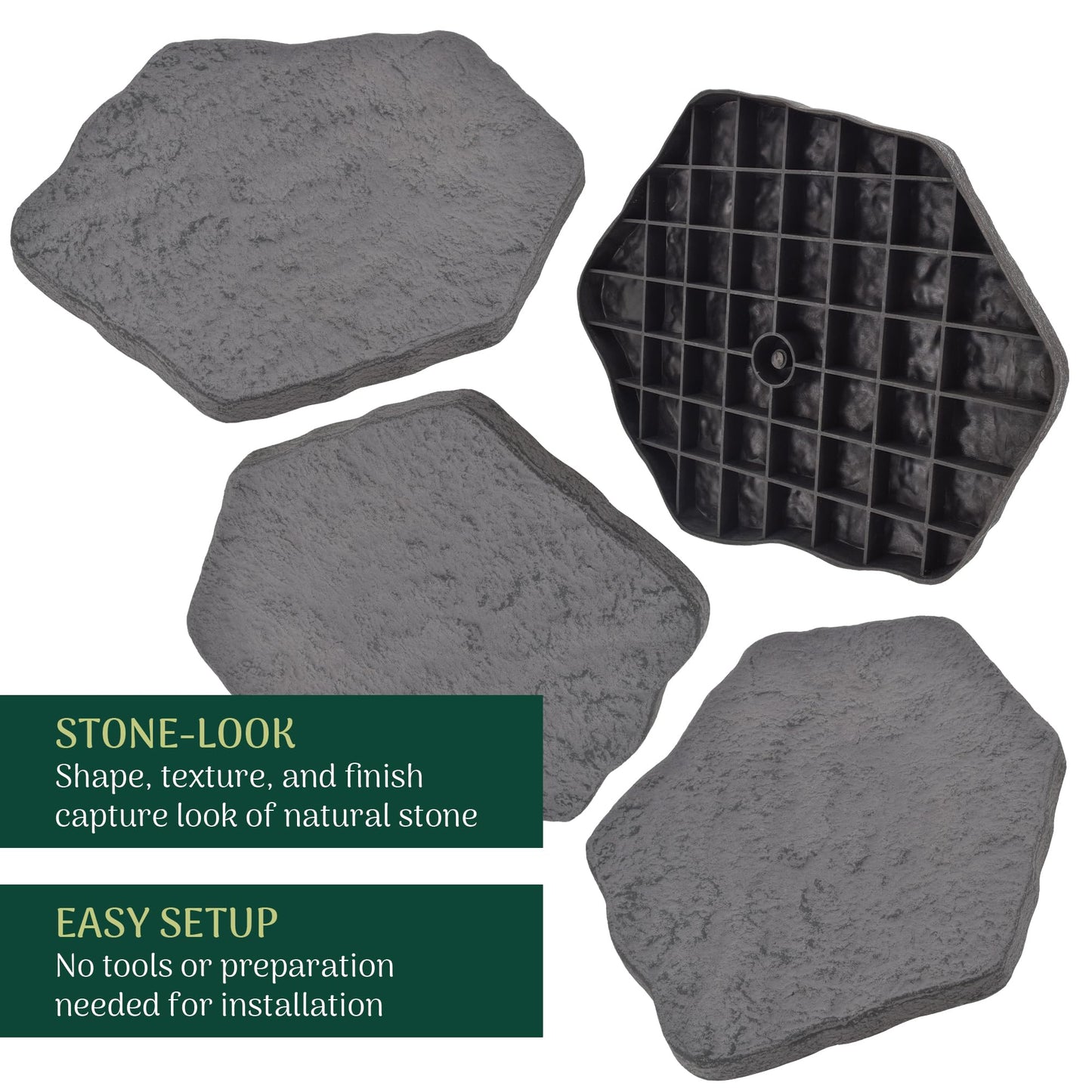 Arcadia Garden Products Set of 4, 16x17” Dark Gray Stepping Stone Fiberclay Pavers, Outdoor Garden Natural Repeatable Pattern Pathway, Faux Stone Decorative Landscaping Walkway
