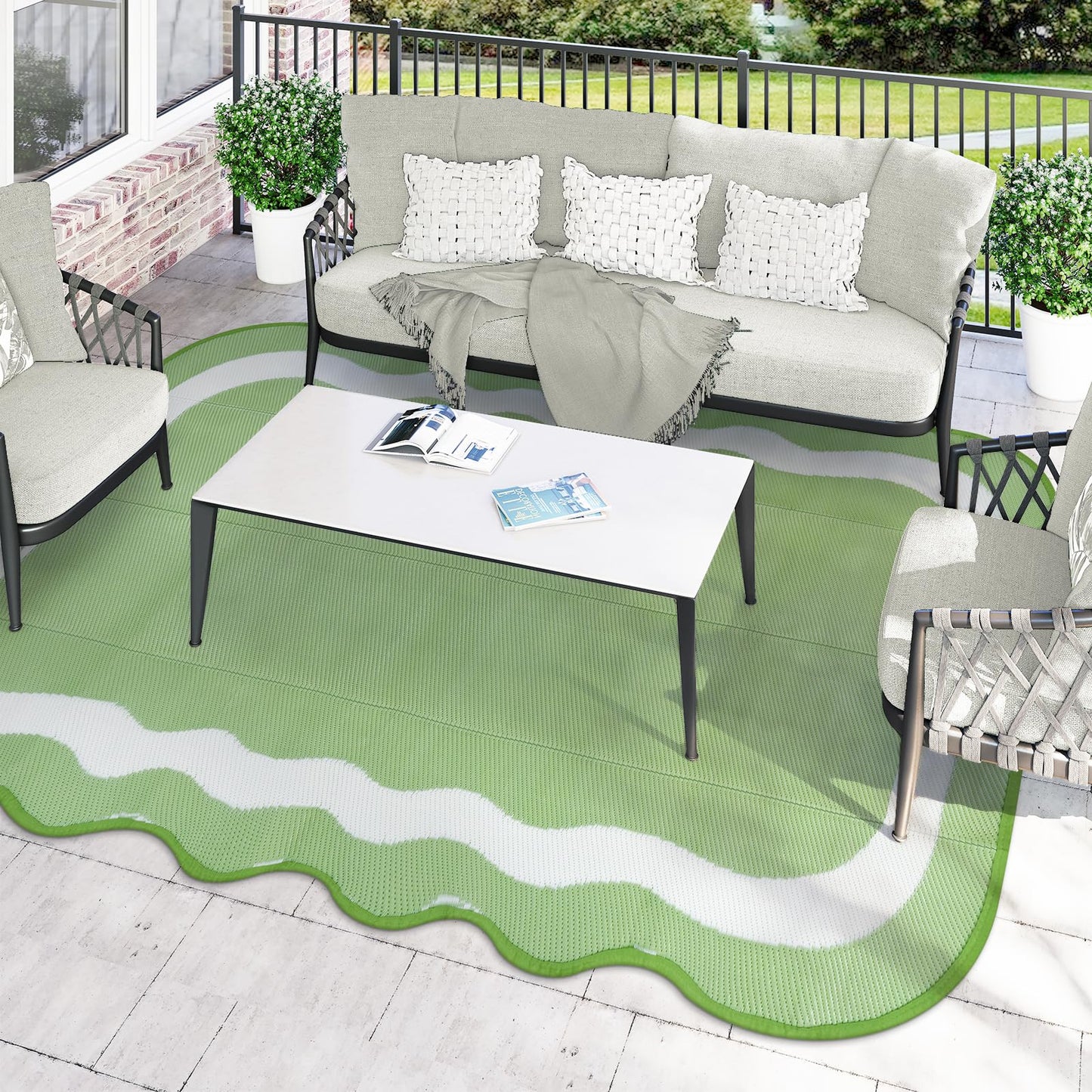 Uphome Outdoor Rug Waterproof 8x10, Large Reversible Green Scalloped Patio Plastic Straw Rugs, Foldable Modern RV Camping Outside Carpet Mat for Pool Back Yard Deck Picnic, 8 x 10 ft