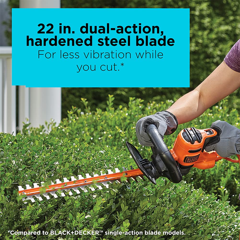BLACK+DECKER 22" Electric Hedge Trimmer, Lightweight 4.0 Amp Corded Dual Action Shrub Trimmer, Full Wraparound Handle, High Output Low Vibration (BEHT350FF)