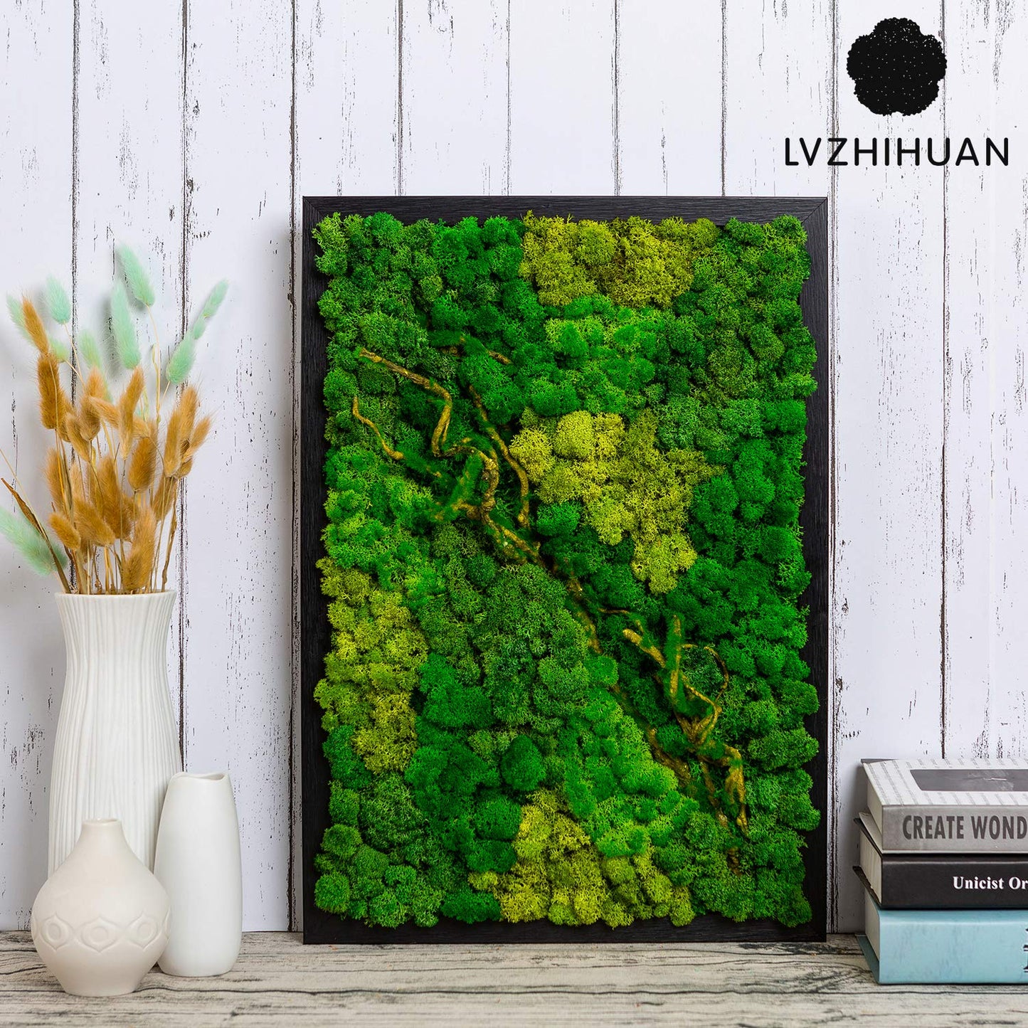 LVZHIHUAN Moss Wall decor Real Preserved Moss No Maintenance Required Eco Natural Green Wall Art Moss Frame Living Plants Vertical Garden 19.7 x13.8inch,Black Frame