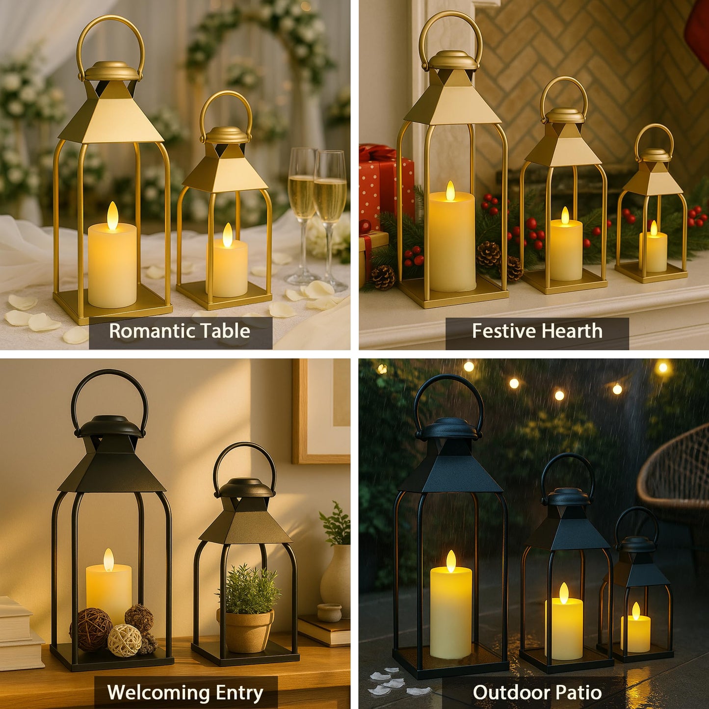 Decorative Metal Lanterns Indoor Outdoor, Candle Holder for Porch, Patio, Fireplace, Floor, Wedding, Christmas, Fall, Holiday, Farmhouse Table Centerpiece (Black, Set of 3 20" 15.7" 12")