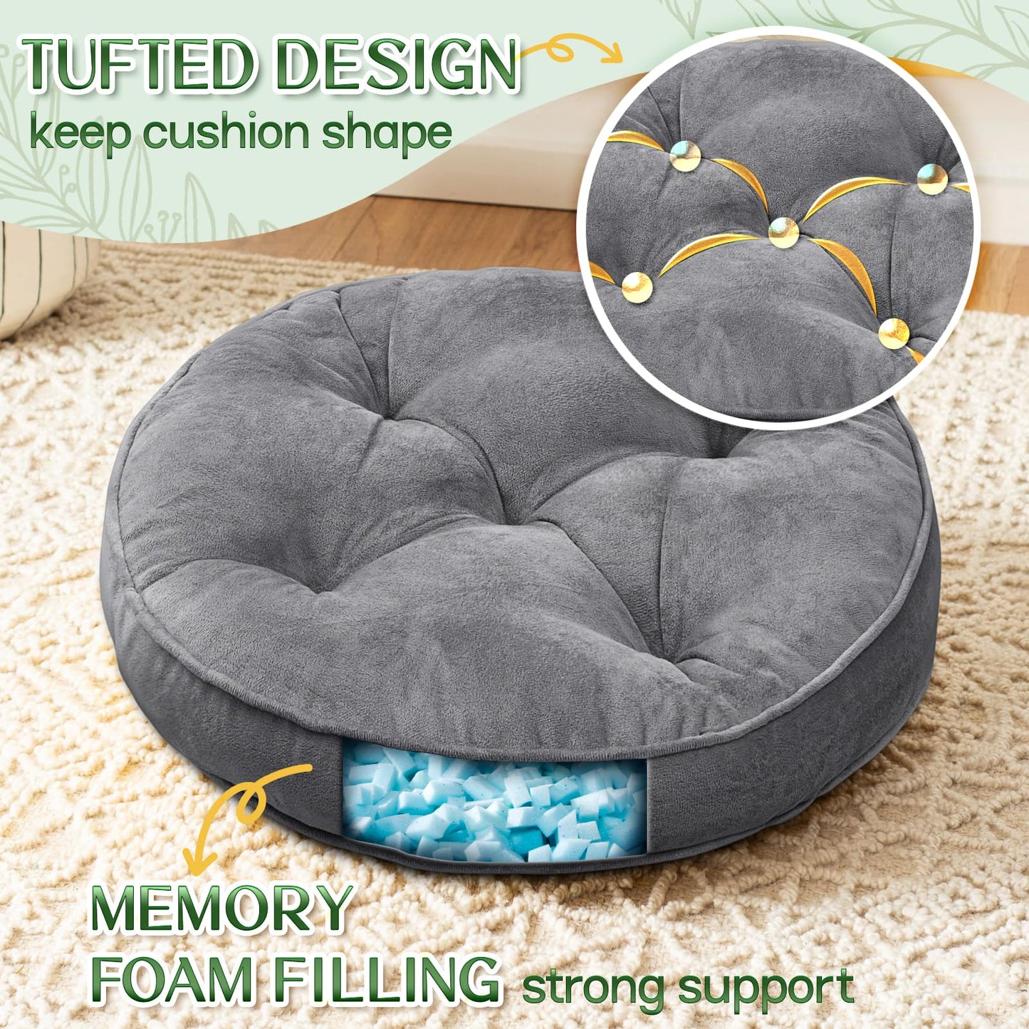 1 MIDDLE ONE Floor Pillow Set of 2, Memory Foam Meditation Cushion, Floor Cushions for Adults Sitting, Large Round Seat Cushions for Yoga, Living Room, 20x20 Inch (Round | Grey)