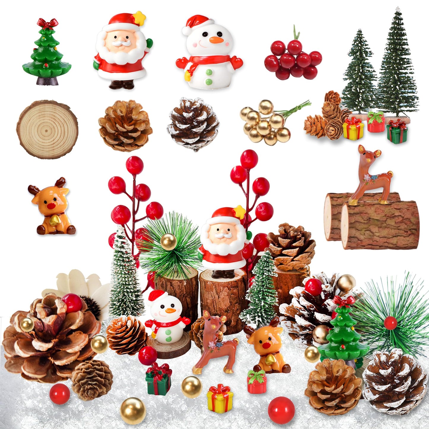 48PCS Christmas Miniature Figurines Mini Resin Christmas Ornaments Kit with Snowman Santa Claus Trees Wooden Display Stand Pine Needles Trees Cones Theme for DIY Xmas Decor Fairy Garden