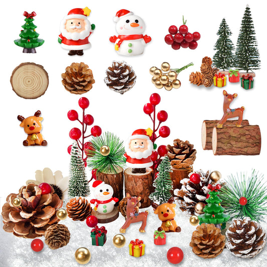 48PCS Christmas Miniature Figurines Mini Resin Christmas Ornaments Kit with Snowman Santa Claus Trees Wooden Display Stand Pine Needles Trees Cones Theme for DIY Xmas Decor Fairy Garden