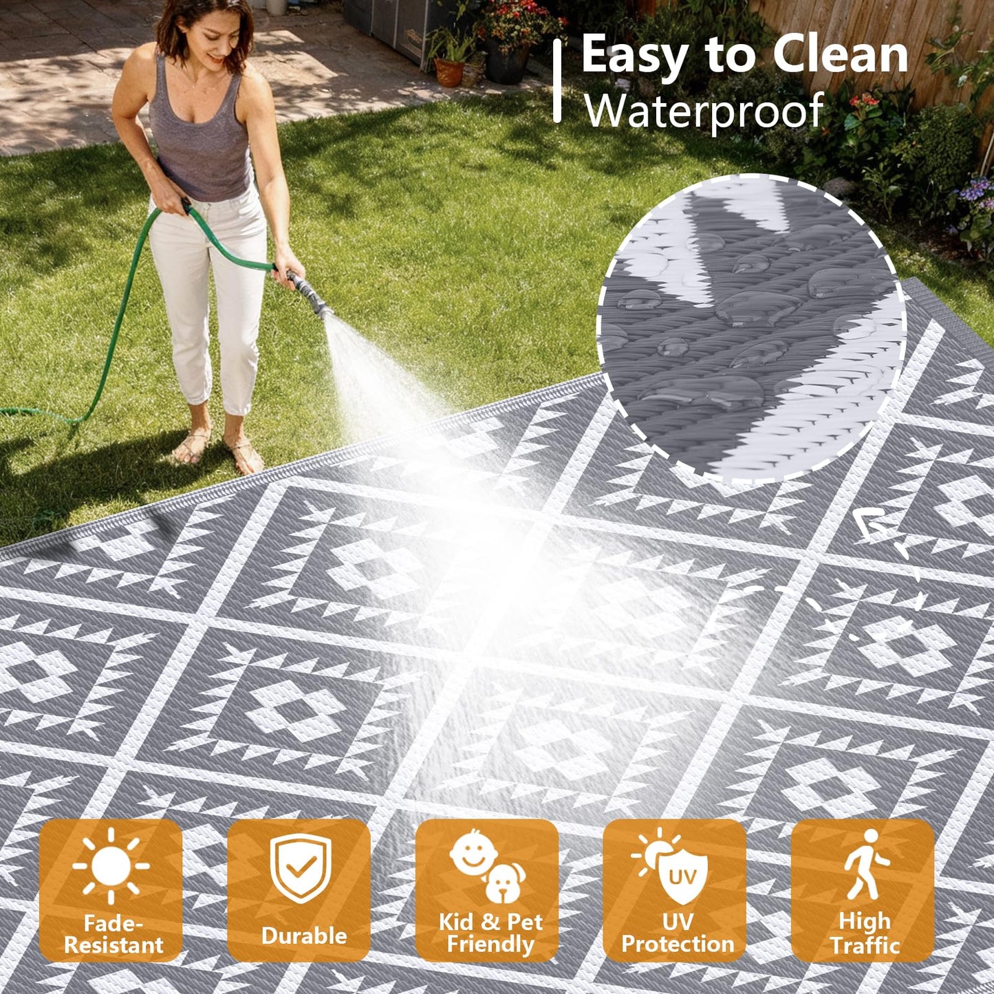 COOLTOP 8'x10’ Outdoor Rug for Patios Porches, Waterproof Plastic Camping Rugs, Modern Reversible Mat, Large Area Rugs for Backyard, Deck, RV, Balcony, Picnic, Beach, Grey & White