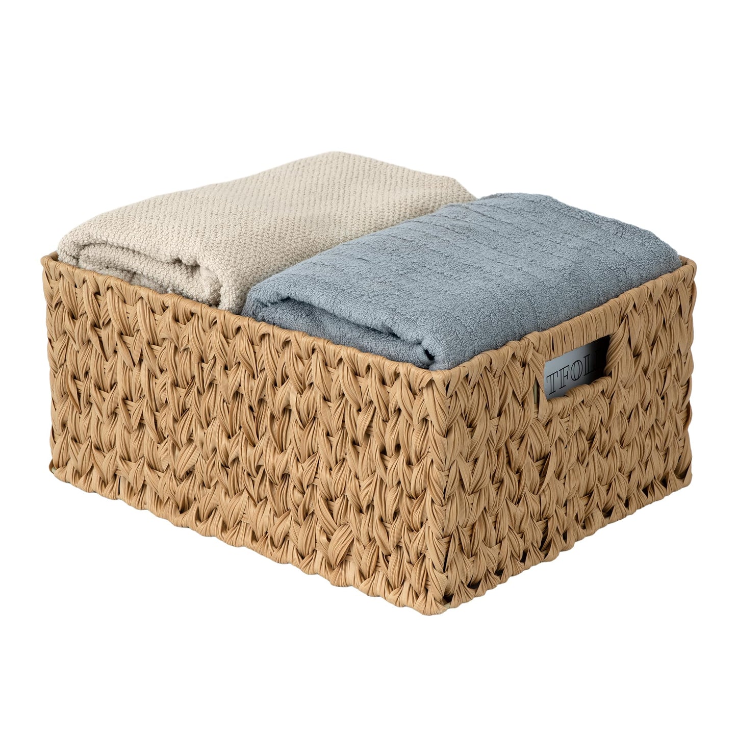 Suptinwear Jumbo Large Plastic Wicker Basket, Waterproof Rattan-Look Storage Basket with Handles, Extra Large Rectangular Woven Basket for Bathroom, Shelves, Closet & Laundry, 16.93"D x 12.99"W