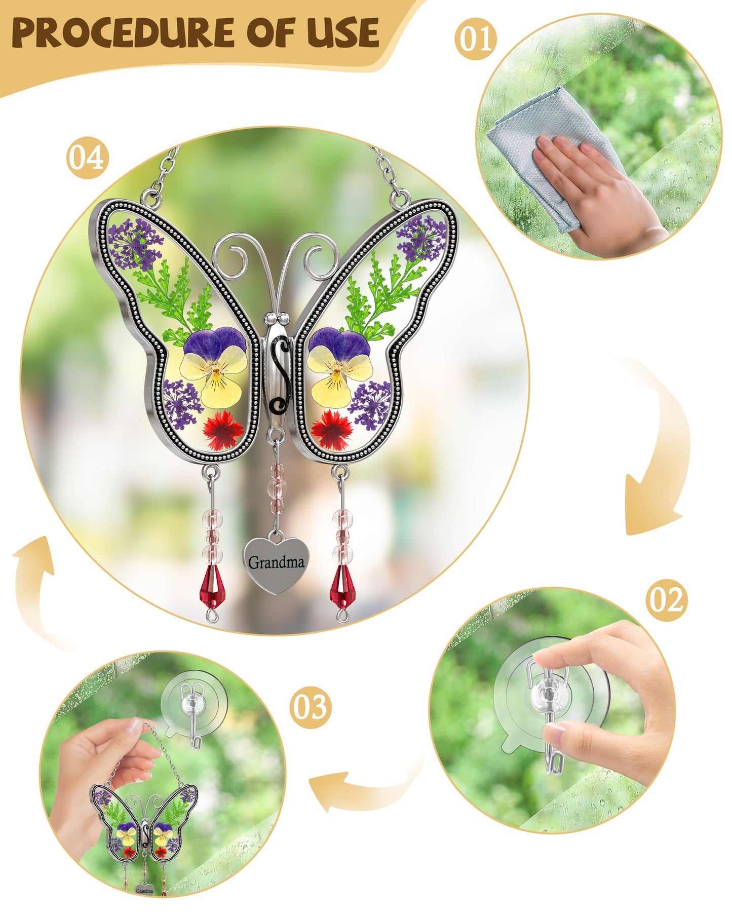 KUNDGLA Butterfly Suncatcher Grandma Stained Glass Sun Catcher for Windows Hangings Ornament with Pressed Real Flower Wings in Glass and Metal Heart Charm Birthday Gift for Women Mothers Day Christmas
