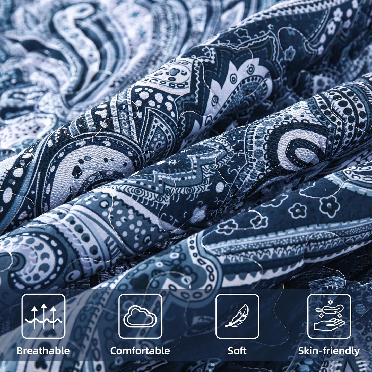 DJY Navy Paisley Quilt Set King Boho Bedspread Coverlet Set 3 Pieces, Soft Lightweight Microfiber Navy Blue Paisley Floral Pattern Bedding for All Season, 110"x90"