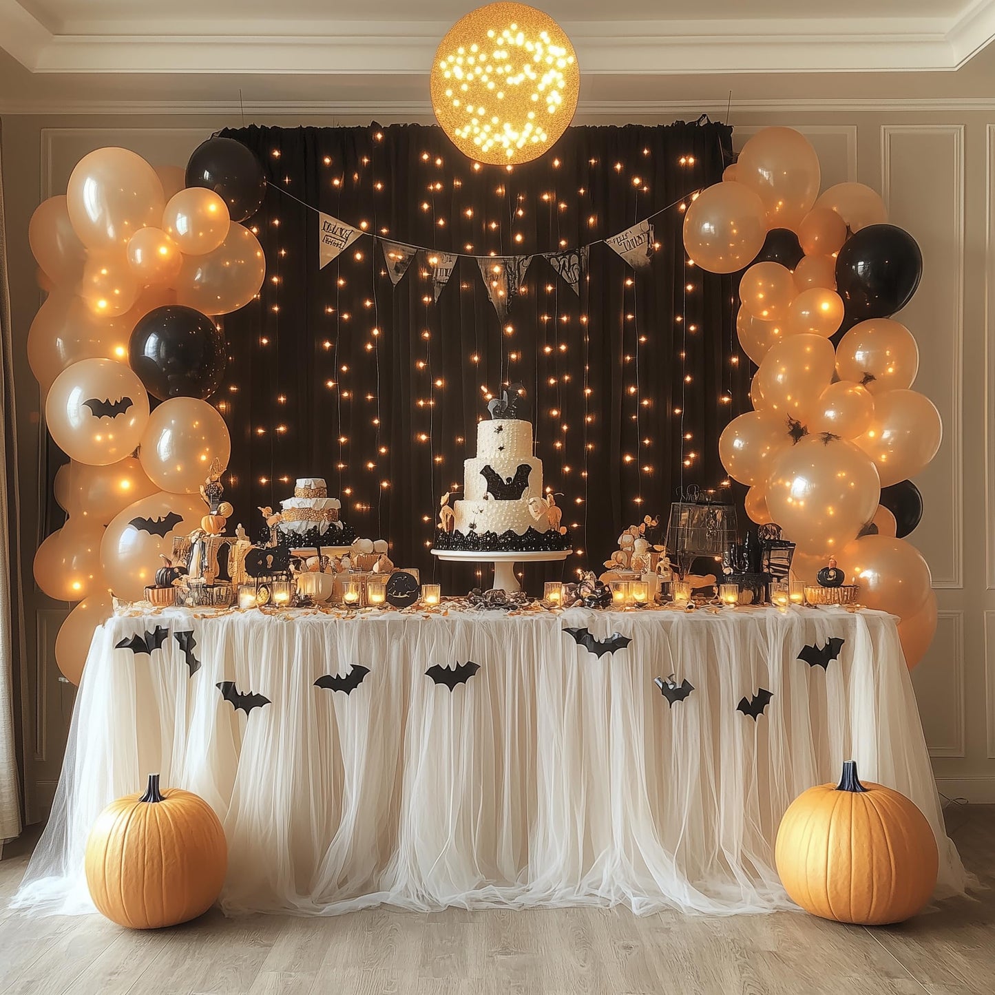 Xiomot Tulle Backdrop Curtain with Lights String 10FT X 8FT Black Sheer Tulle Backdrop Curtains for Wedding Birthday Party Reception Photo Booth Background Decorations (2 Panels 5x8FT)