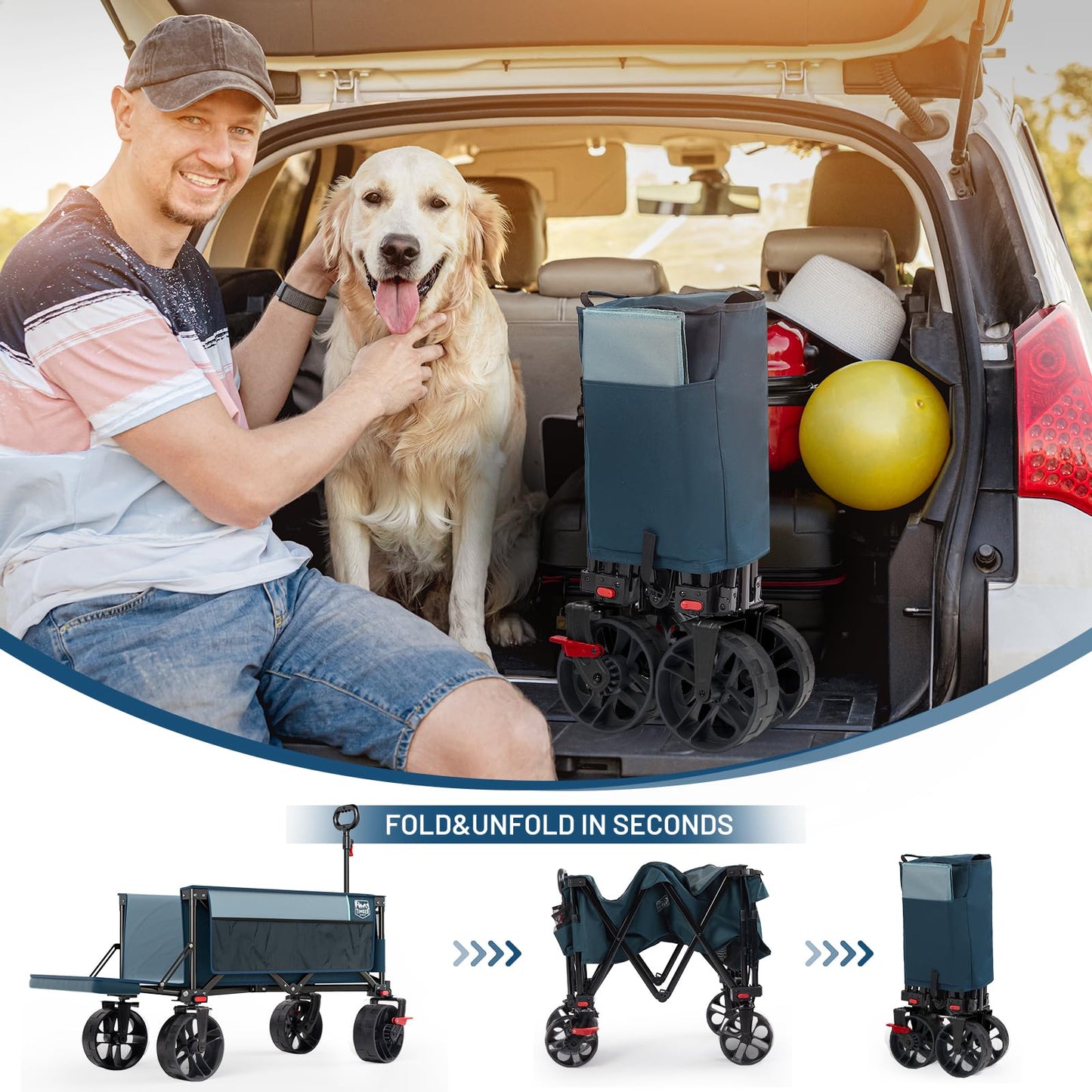 Timber Ridge 47" L Collapsible Wagon with Tailgate & Brake, 300 lbs Heavy Duty Beach Wagon with All-Terrain Big Wheels, 250L Foldable Utility Cart for Sand Camping Sports Shopping, Blue