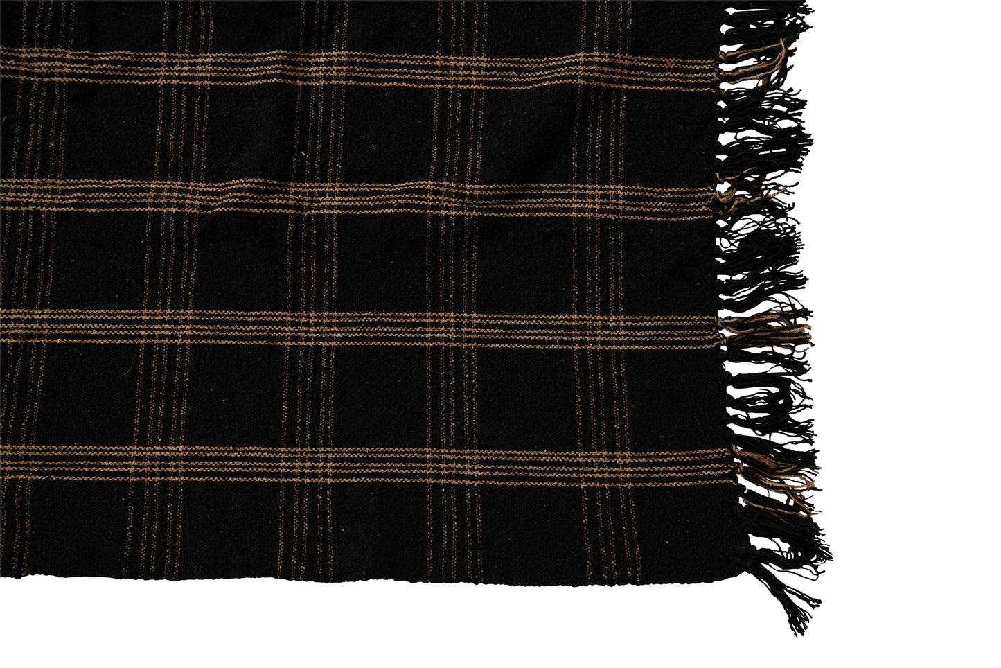 Plaid Black & Tan Fringed Woven Cotton Blend Throw