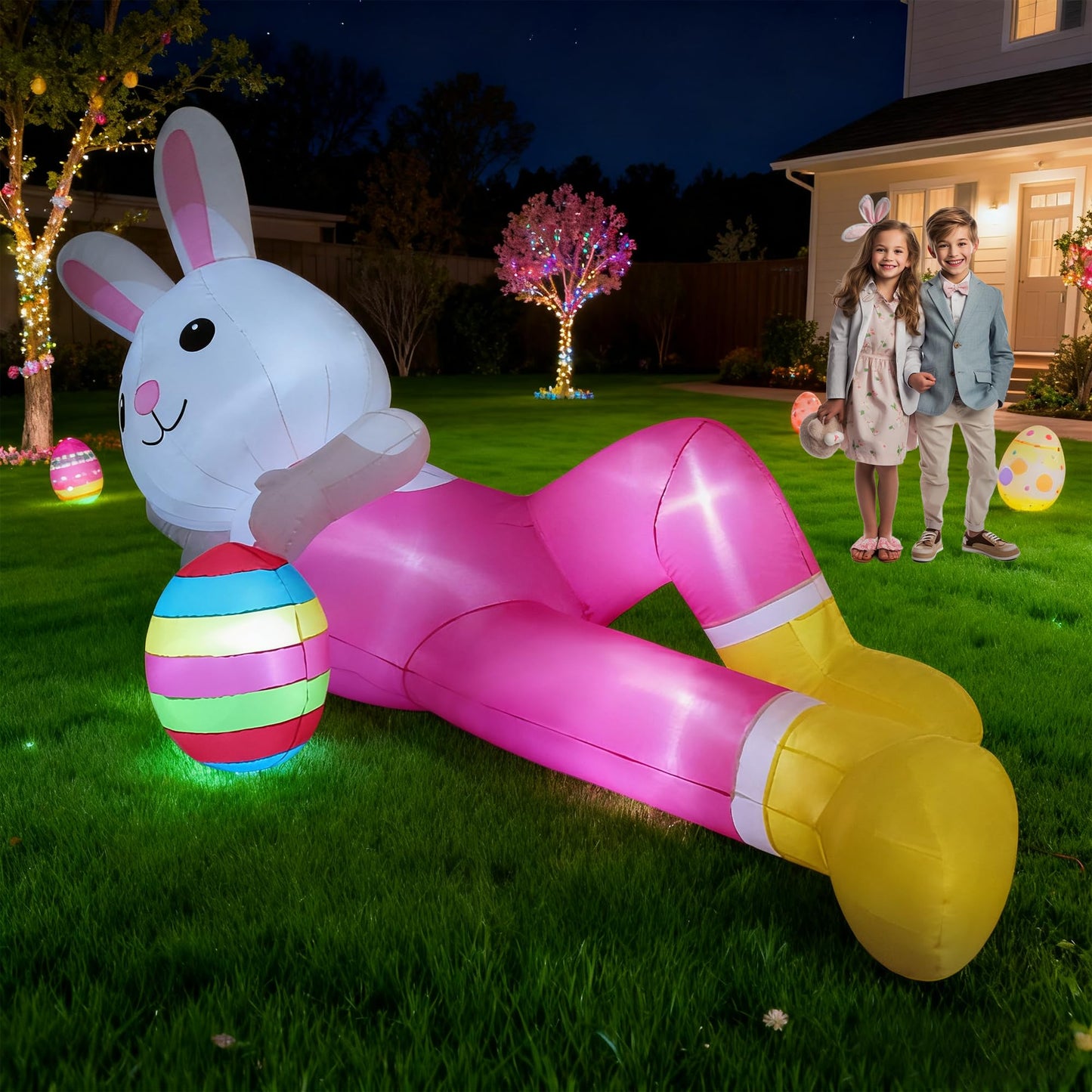 12ft Giant Easter Bunny Inflatable Lying Bunny Outdoor Decorations Blow up Decor for Yard Decor/Lawn/Garden/Holiday Party