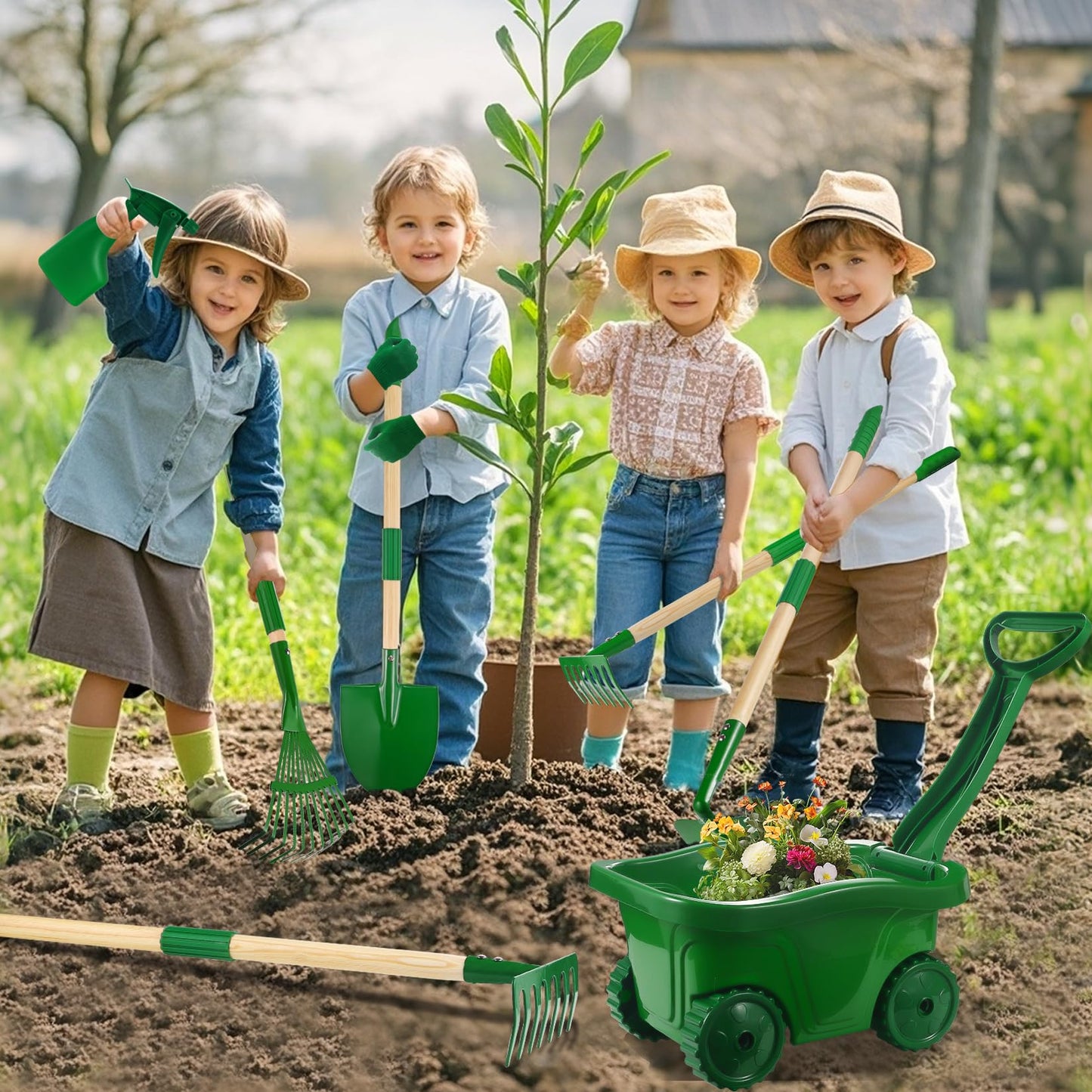 Duckura Kids Gardening Tools Set - 10pcs Wheelbarrow Set for Kids with Shovel, Rake, Leaf Rake, Summer Outdoor Yard Digging Weed Toys, Easter Birthday Gifts for Boys Girls Age 2 3+ Years(Green)