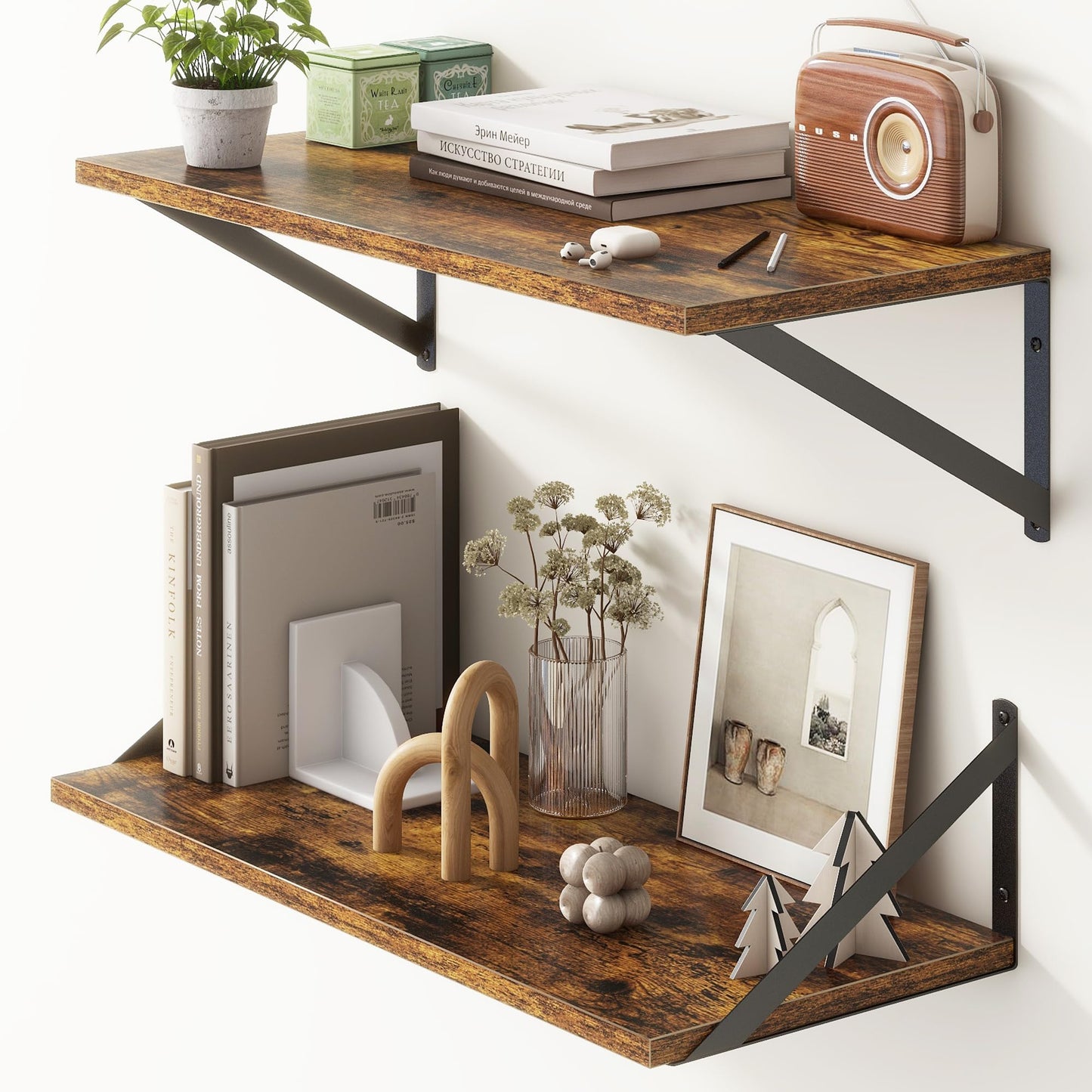 Deep Floating Shelves for Wall, 24"W x 10"D Wall Shelves Set of 2, 10 Inch Deep Floating Shelf with Brackets, Wide Display & Storage Shelves for Books, Living Room, Kitchen, Bathroom, Rustic Brown