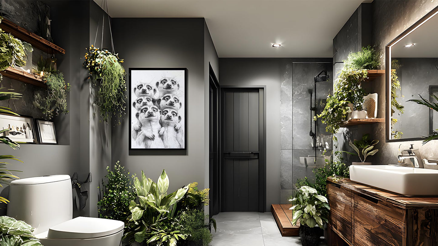 Orvannaatr Animal group portrait photo, black and white fun animal painting, modern fashionable decorative wall art, suitable for use in bathrooms, bedrooms, and entrance walls.