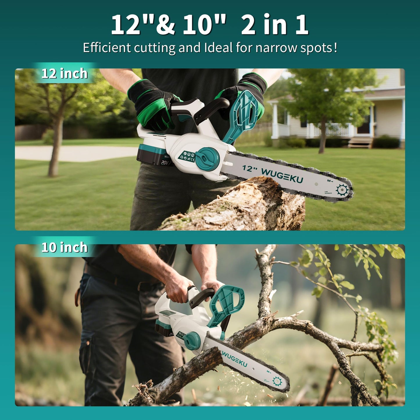 Wugeku 12" & 10" Electric Chainsaw Cordless, 20V Brushless Battery Chainsaws with 2 x 4.0AH Batteries - 4 x Chains, Auto Oiler, Tool-Free Chain Tension, Safety Lock