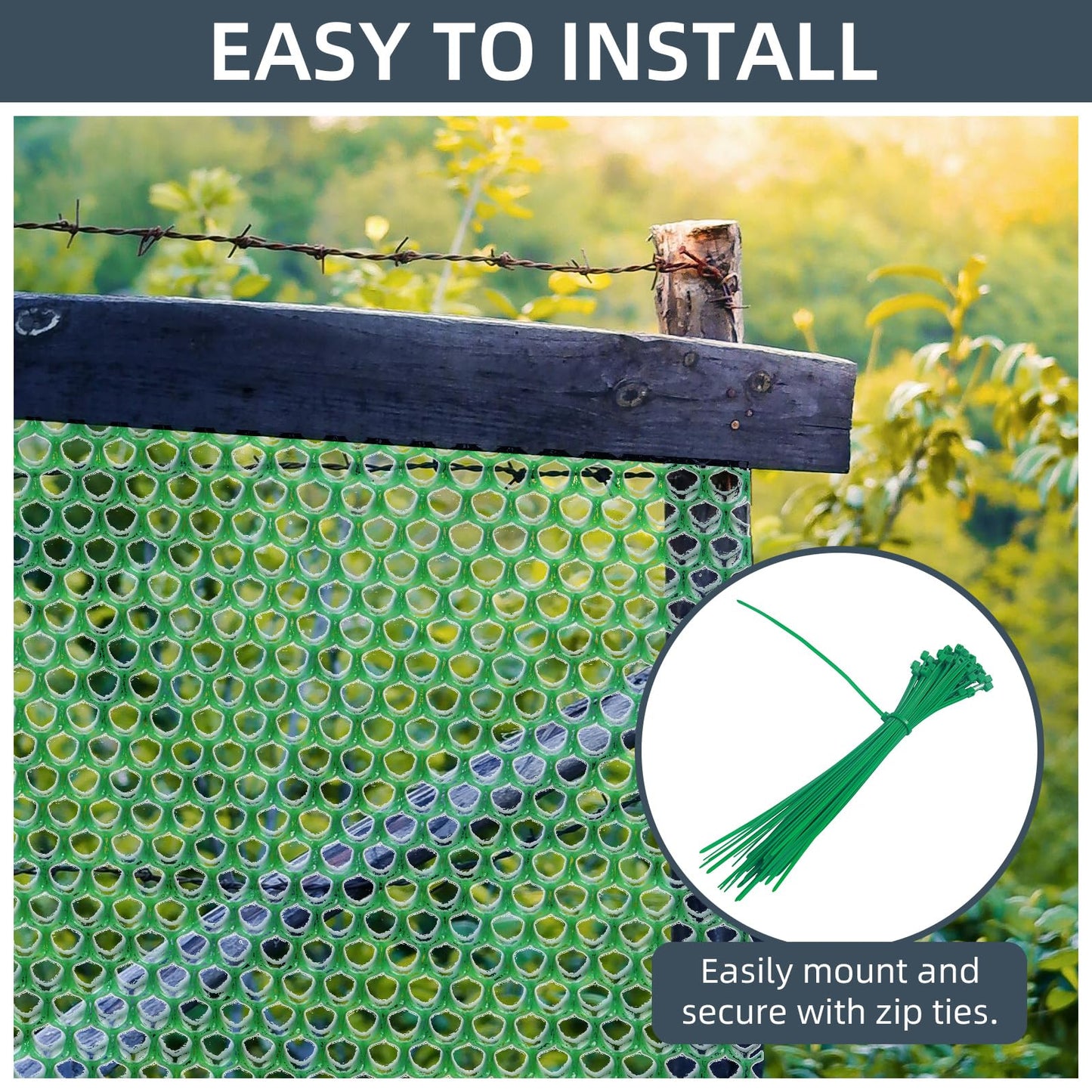 Plastic Wire Mesh Fence, 1.3ft x 50ft /15.7in x 600in Plastic Chicken Wire Fence Mesh Versatile Plastic Fencing Wire Netting Poultry Animal Barrier Fence with 150 Zip Ties for Garden & Farm, Green
