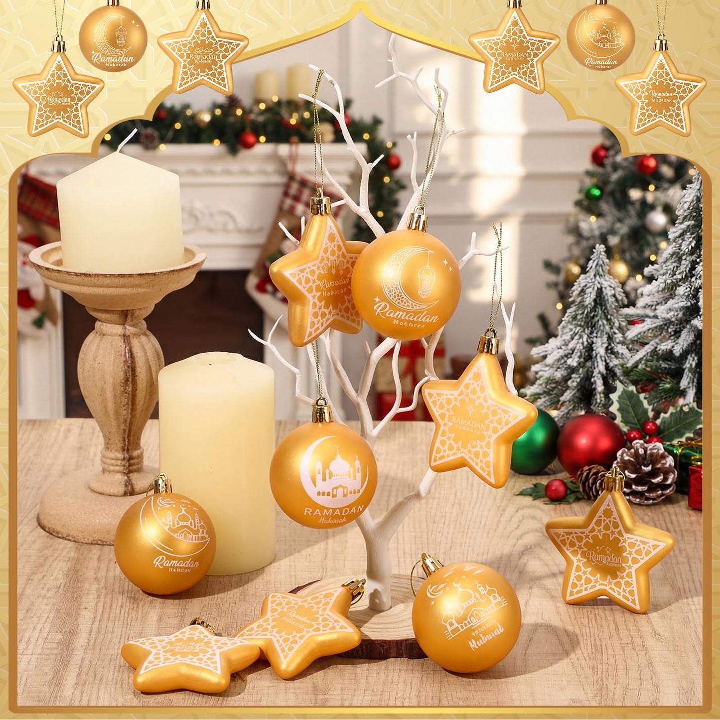 PullCrease 36 Pcs Eid Mubarak Decorations Ramadan Hanging Decorations Gold Moon Ornaments Plastic Eid Mubarak Hanging Balls Star Ramadan Islamic Decor for Home Window Islamic Muslim Tree Party Decor