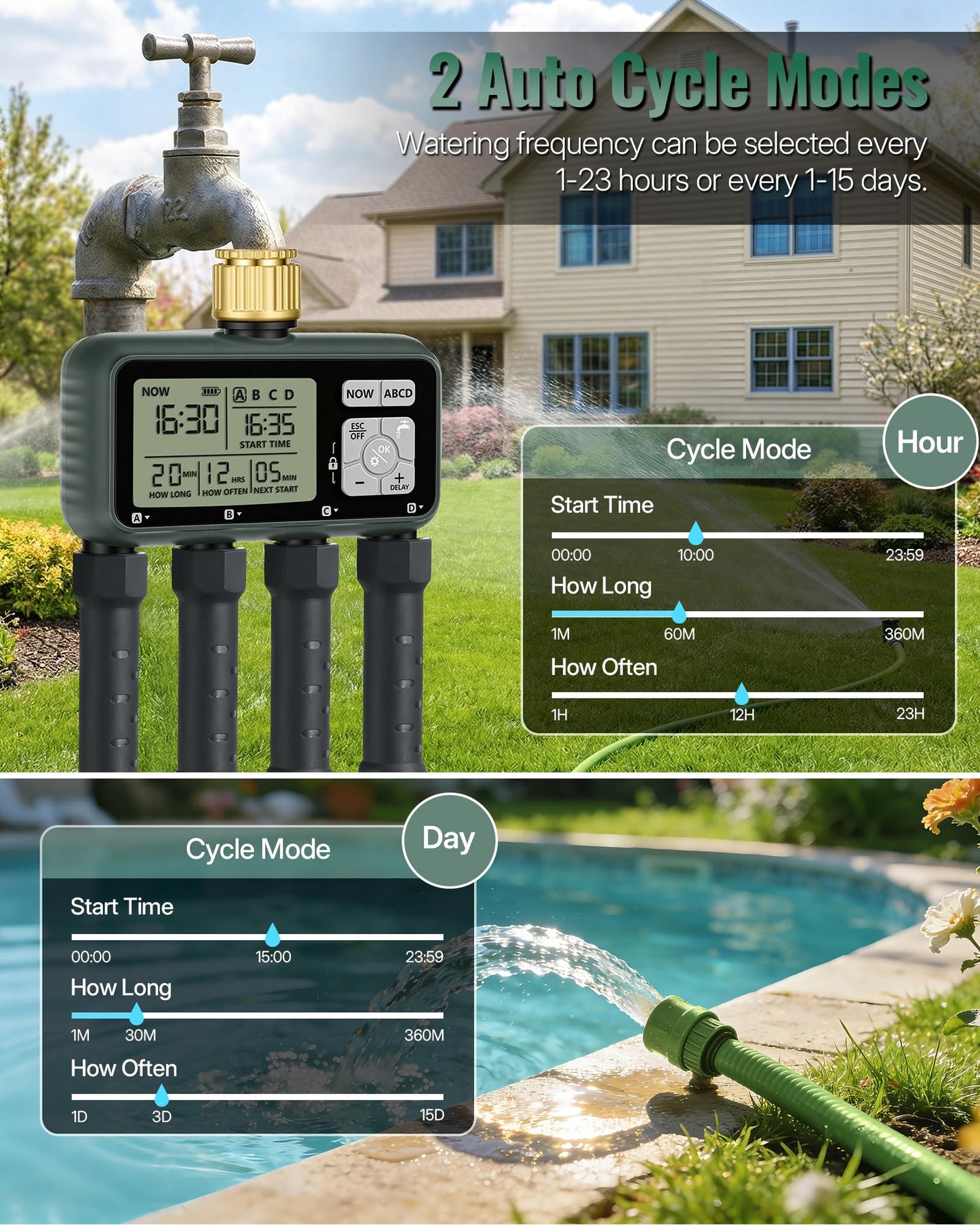 WILAWELS 4 Zone Brass Sprinkler Timer, Garden Hose Timer, Automatic Irrigation System, Programmable Faucet, 4 Outlets, with Rain Delay, Manual Mode,Child Lock, for Yard, Garden, Lawn, Green E14WT06
