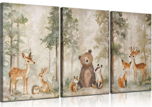 MIZILI 3Pcs Woodland Animal Nursery Canvas wall art Wild Animals Forest Paintings Pictures Wall Decor Fox Bear Deer Watercolor Poster Printing Artwork for Boys Room Girls Room Home Decoration