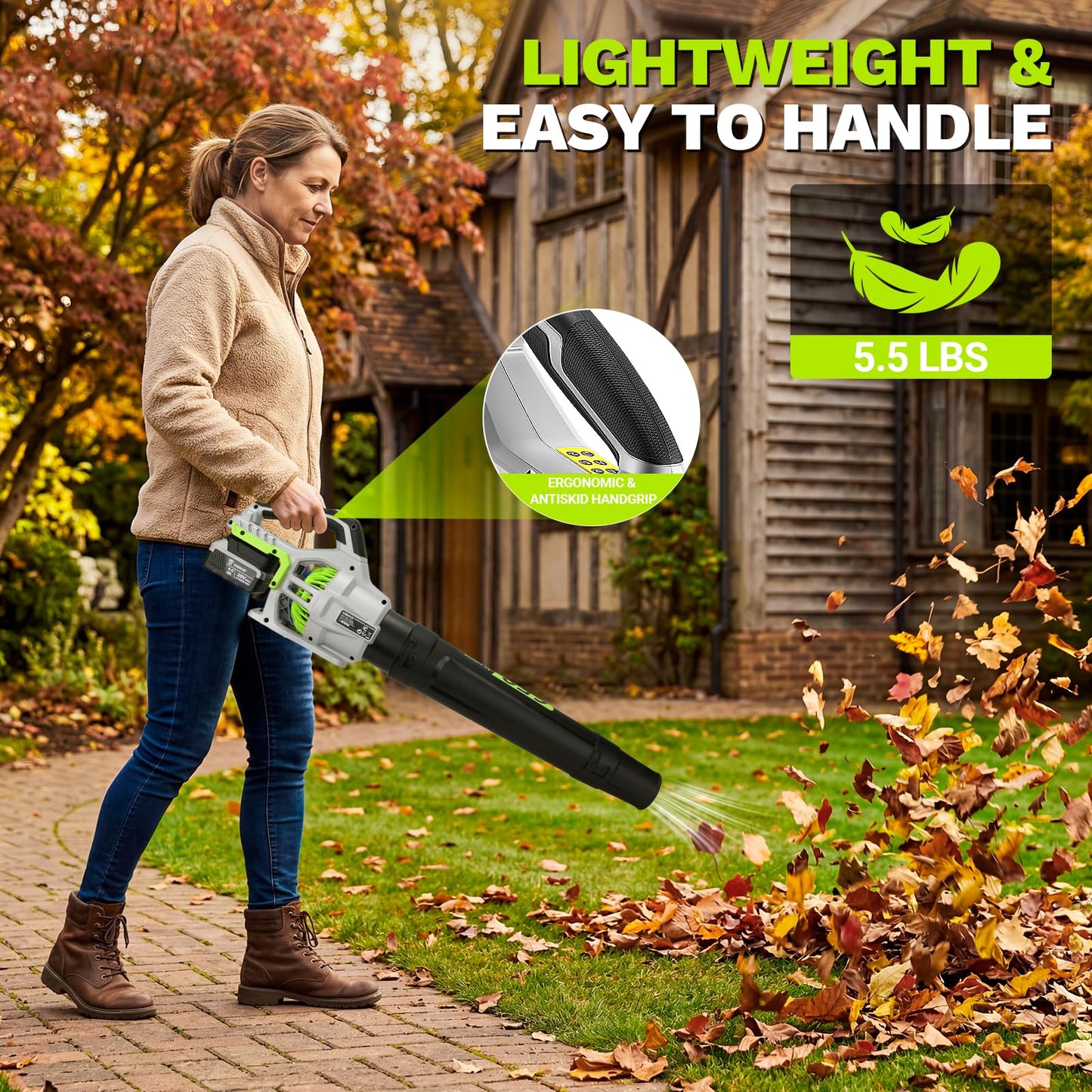 Leaf Blower Cordless, 650 CFM Electric Leaf Blowers with 2 x 4.0Ah Batteries and Charger, 2 Speed Modes, Lightweight Blower for Blowing Leaves, Patio, Yard Cleaning, Blowers for Lawn Care and Dust