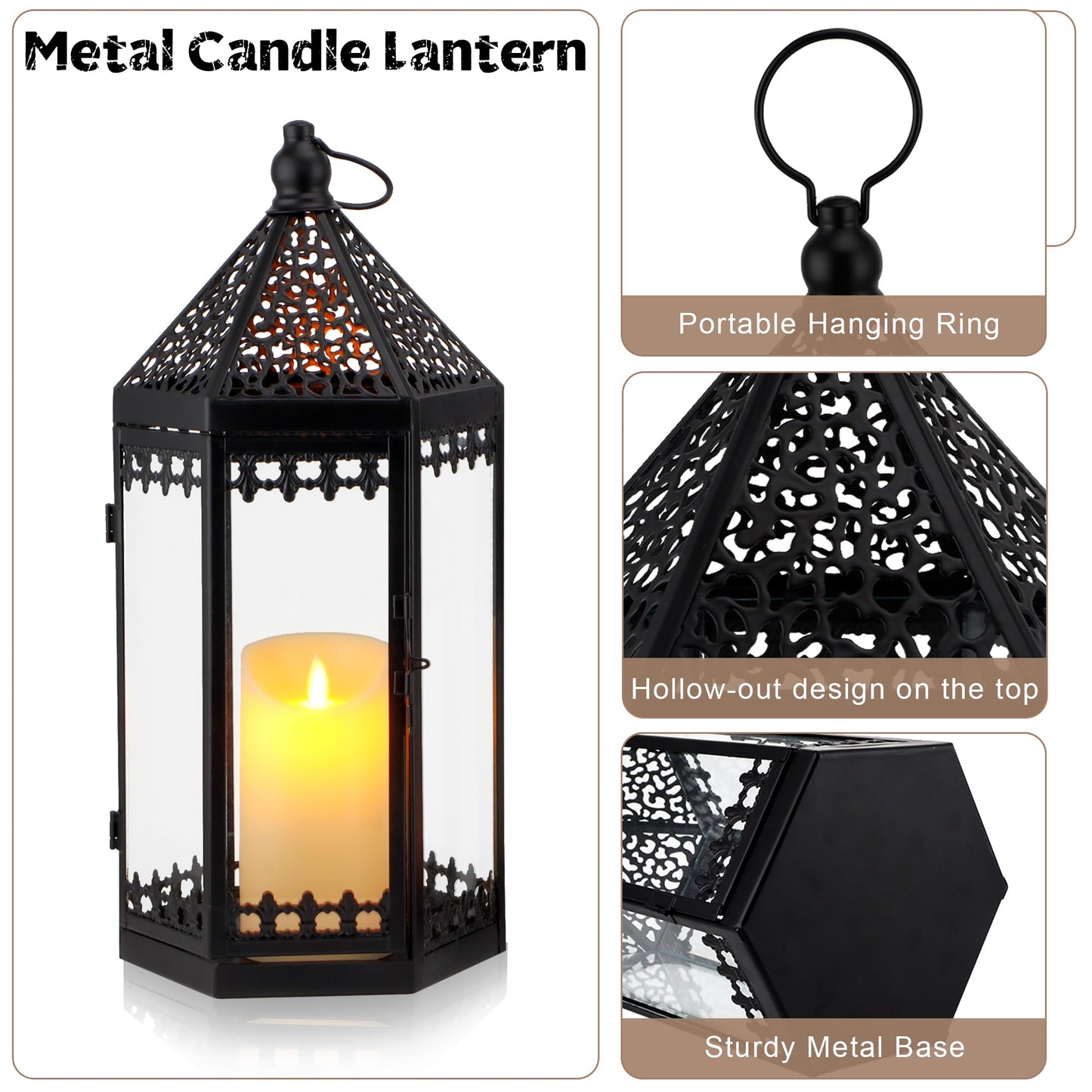 TRIROCKS Set of 2 Decorative Candle Lantern 16'' & 12'' High Metal Candle Holder Hanging Lanterns with Tempered Glass for Indoor Outdoor Home Decor Parties Garden Events (Black)