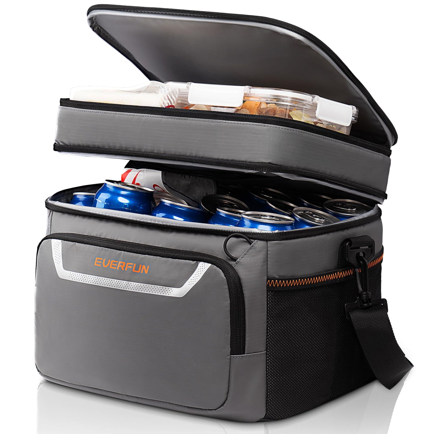 EVERFUN Small Cooler Bag 24 Can Insulated Lunch Box Double Deck Soft Leak-Proof Waterproof Collapsible Ice Chest for Men Women Work Travel Car Trip Picnic Beach, Gray