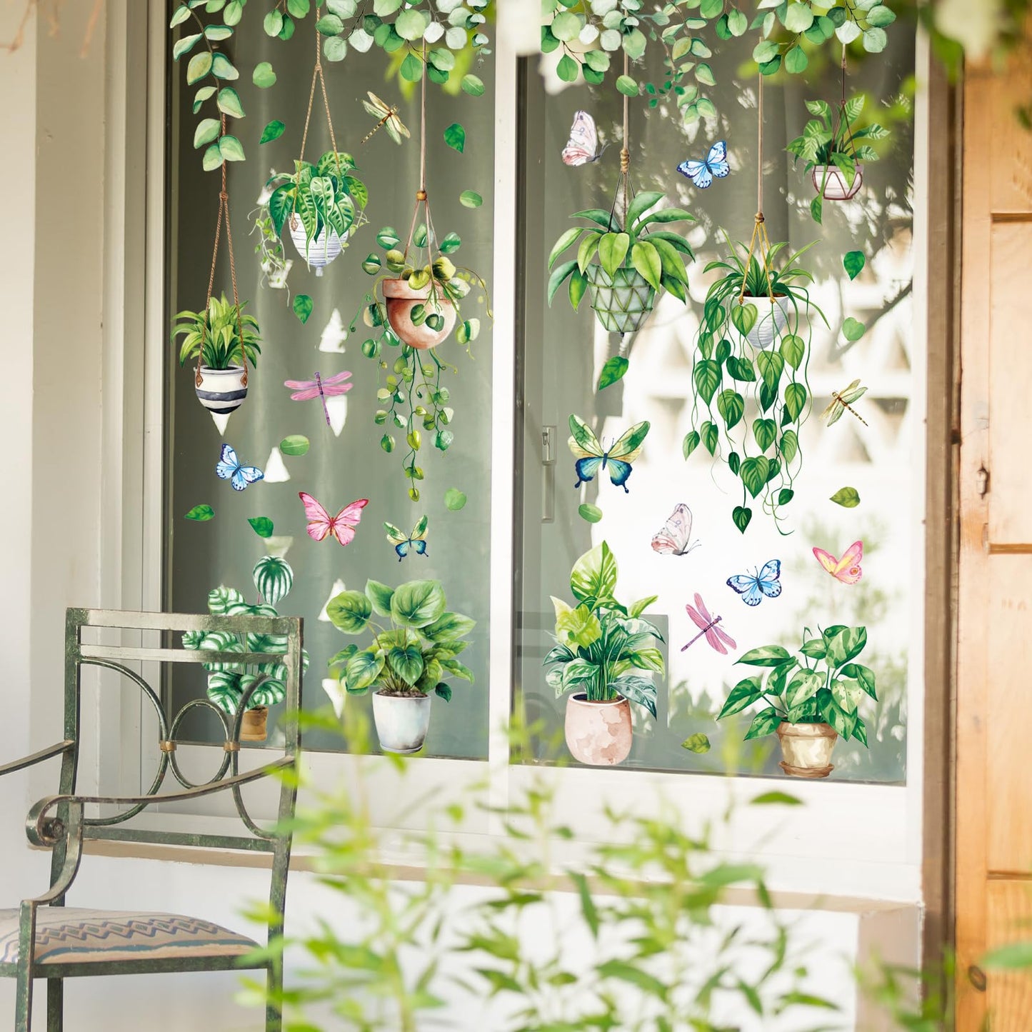 Whaline 6 Sheet Spring Summer Potted Plant Window Clings Hanging Vine Plant Eucalyptus Leaves Reusable Window Decals for Home School Office Party Supplies