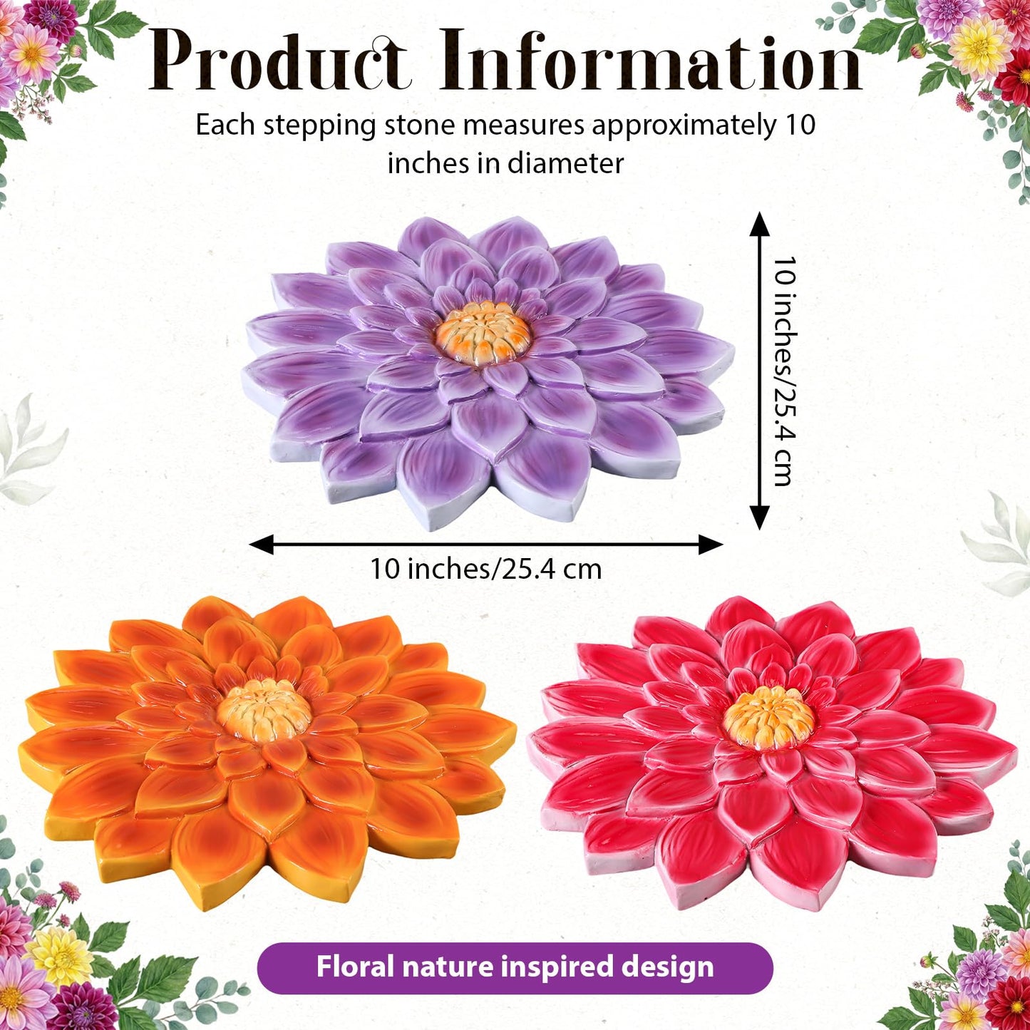 Cinnvoice 3 Pack Garden Stepping Stone Outdoor, Decorative Dimensional Resin Stepping Stones for Patio Pathway Landscaping Walkway Sculpture Yard Backyard Lawn(Dahlia,10 Inches)