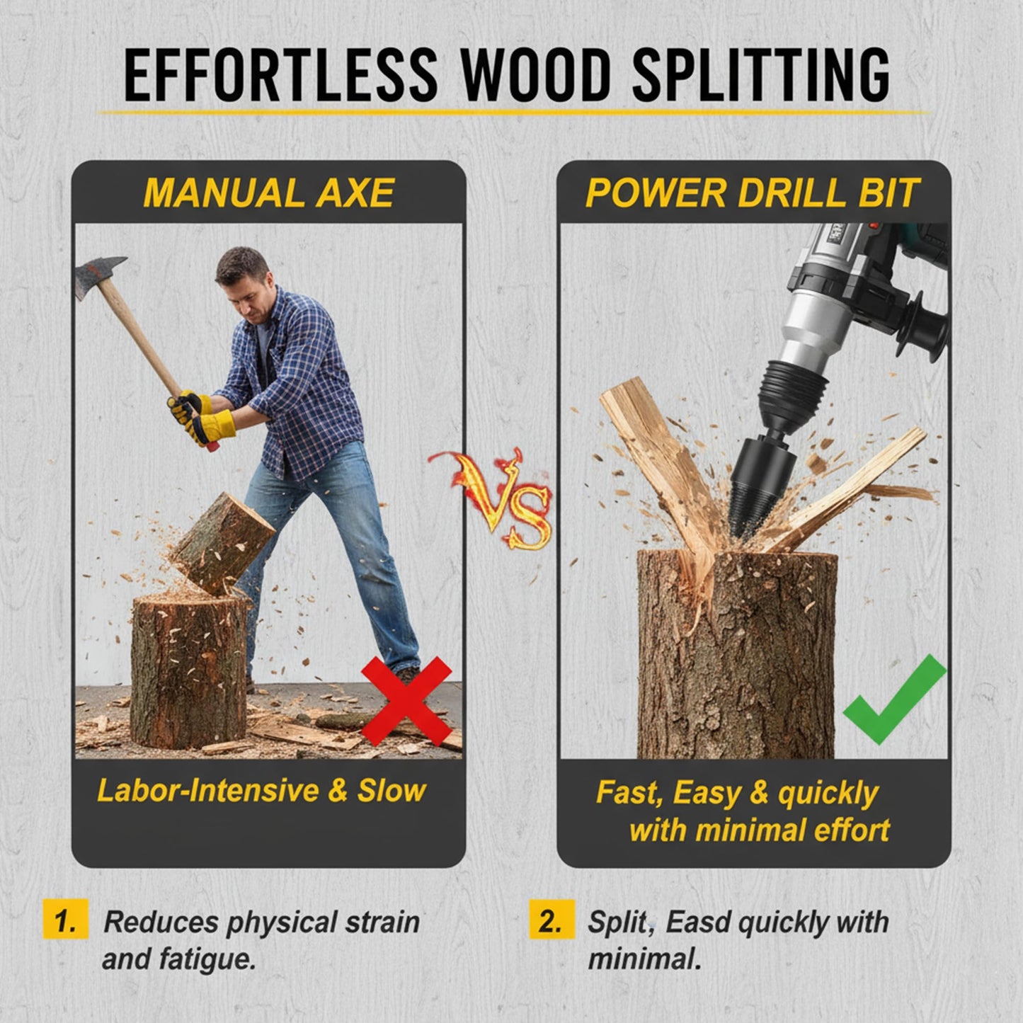 Firewood Log Splitter 2 Pack 45mm+32mm Easy Log Splitting Drill Bits Heavy Duty Electric Drills Screw Cone Driver Tools Split Wood Efficiently for Dry Soft Woods + 4 Drill Attachments (Black)